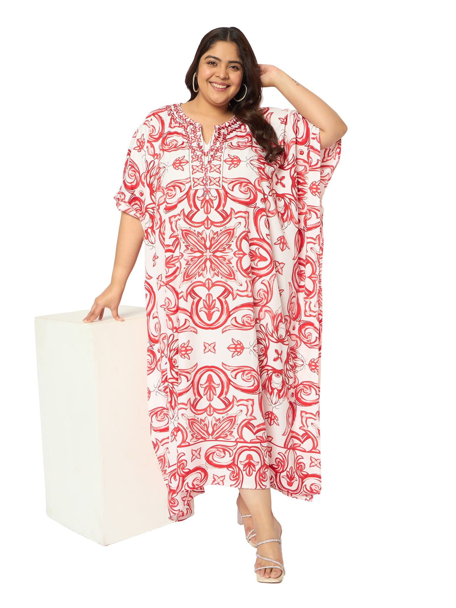 Porcelain White & Red Polyester Plus Size Beach Coverup For Women