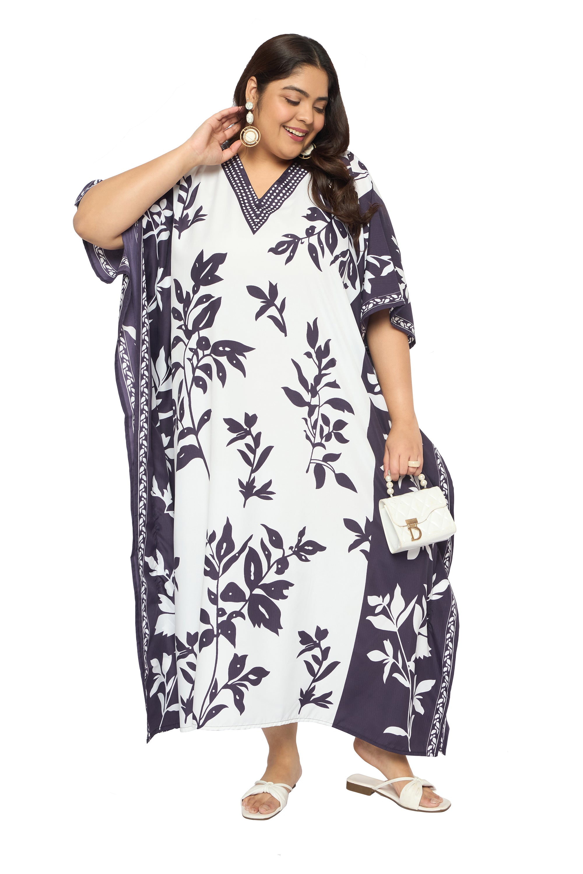 Leaf White and Purple Polyester Plus Size Kaftan Dresses for Women