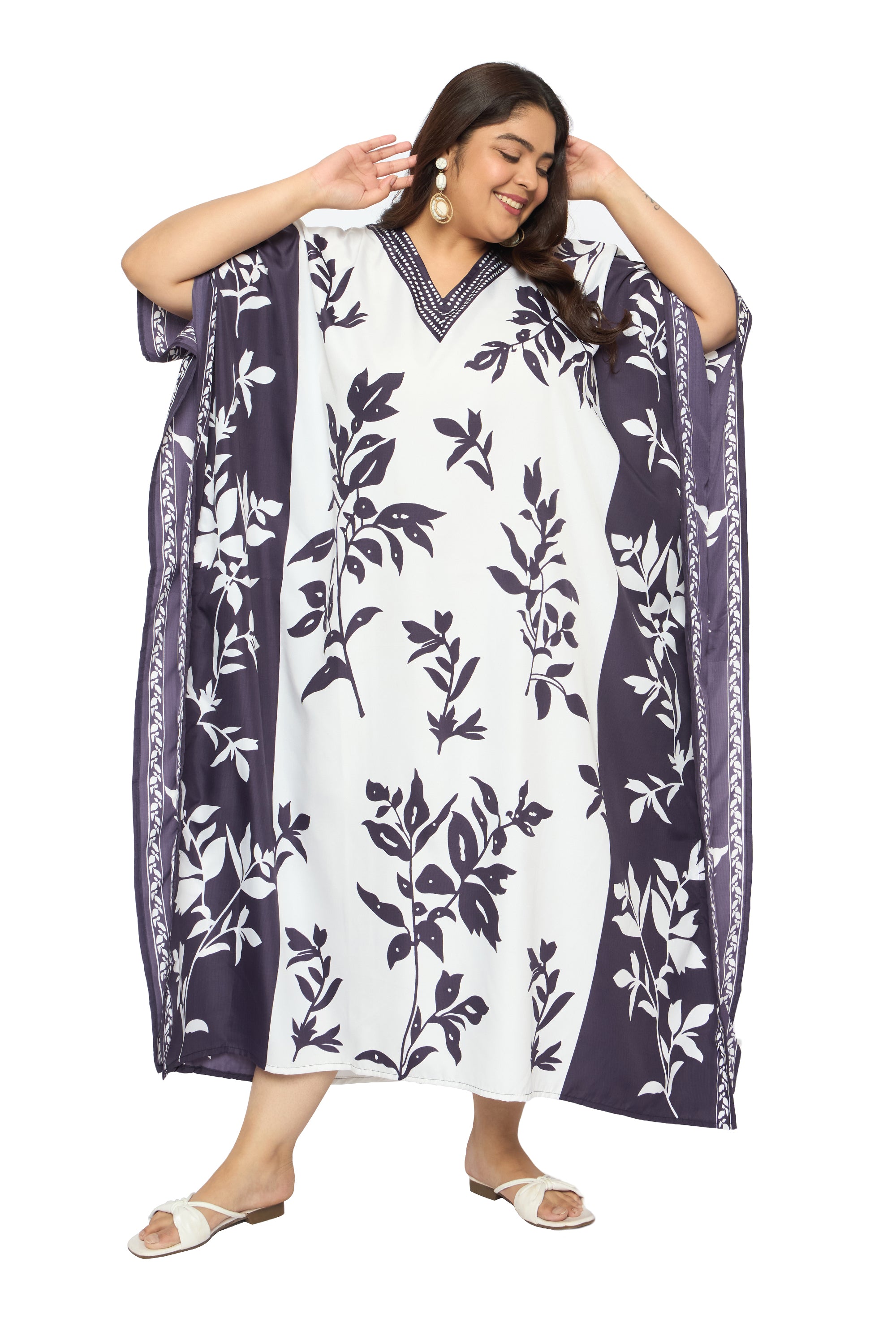 Leaf White and Purple Polyester Plus Size Kaftan Dresses for Women