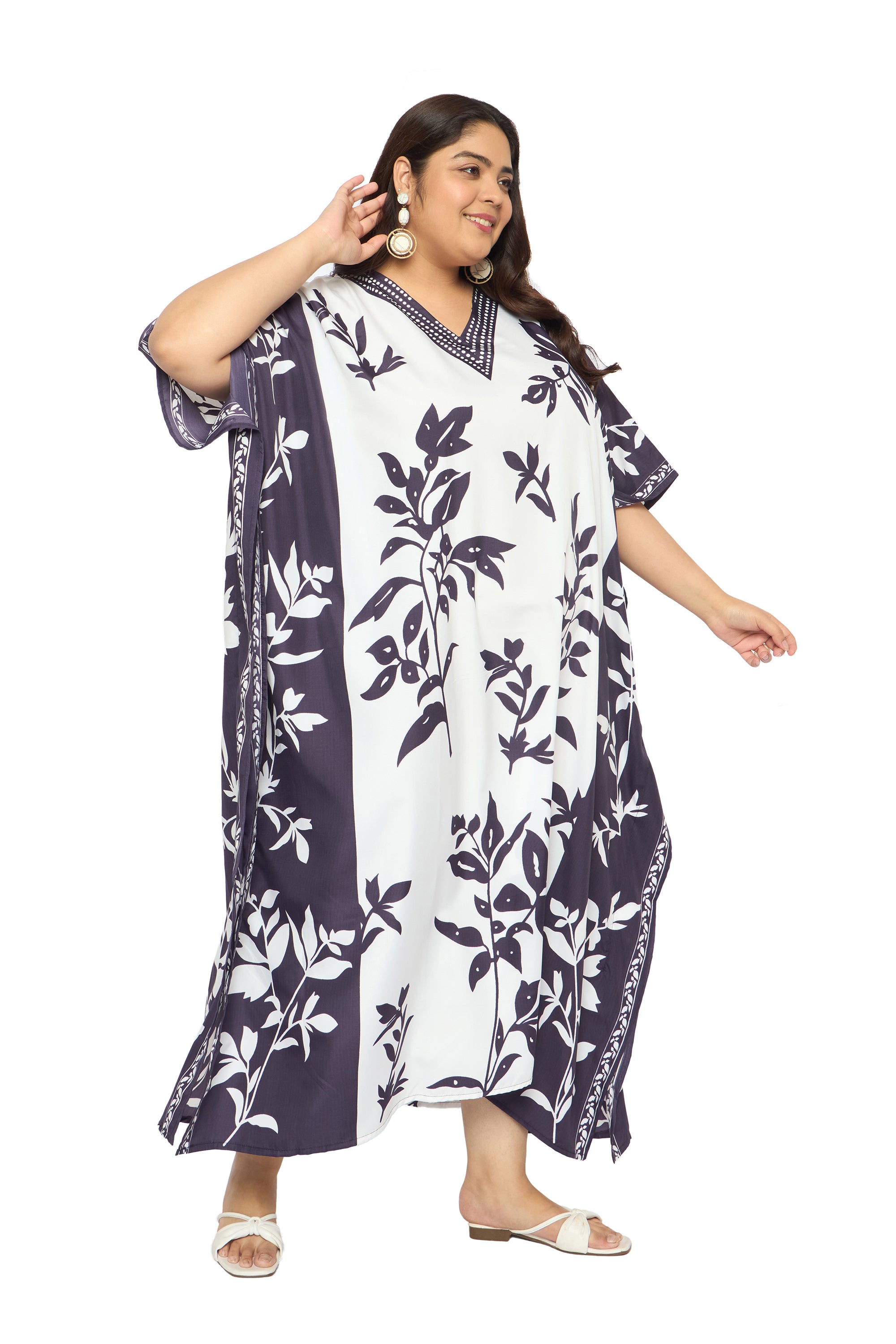 Leaf White and Purple Polyester Plus Size Kaftan Dresses for Women