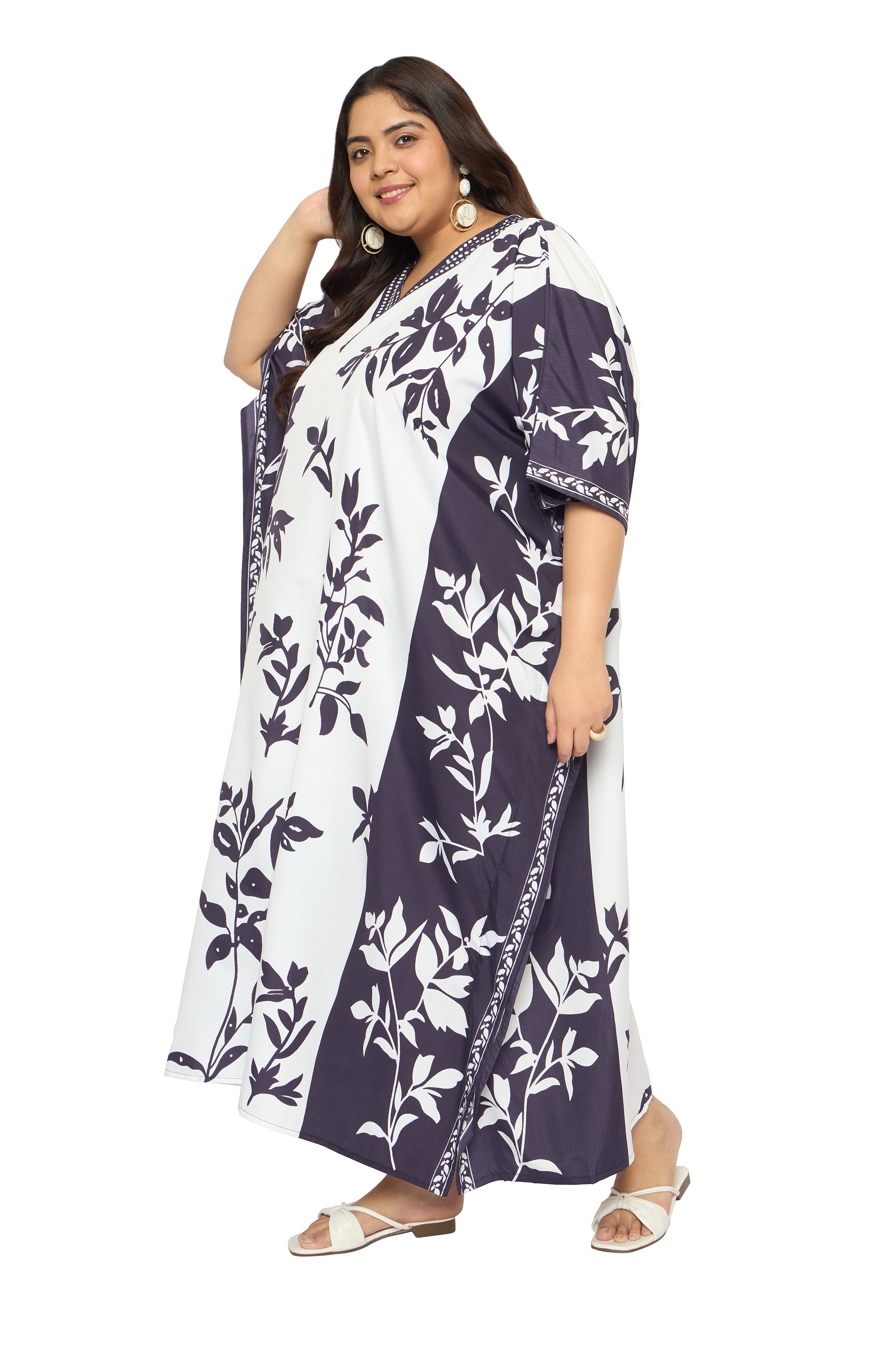 Leaf White and Purple Polyester Plus Size Kaftan Dresses for Women