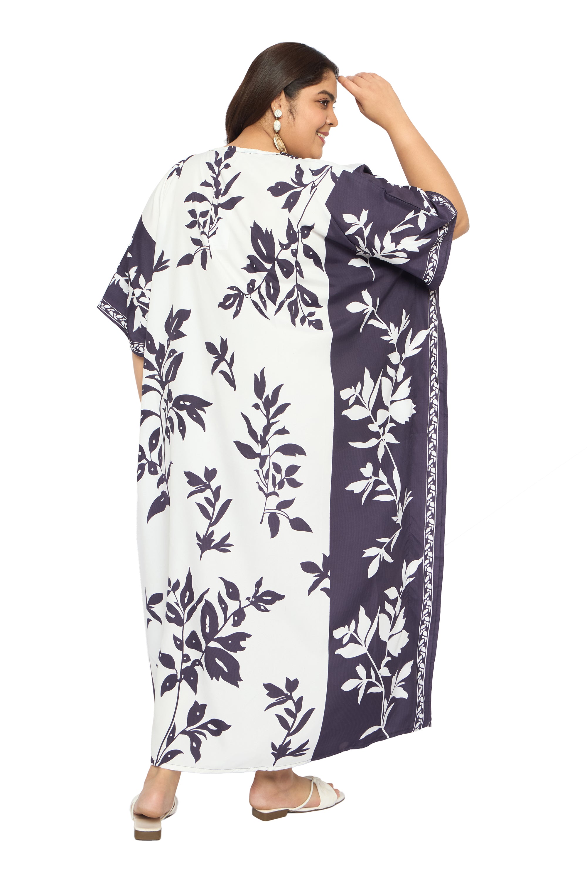 Leaf White and Purple Polyester Plus Size Kaftan Dresses for Women