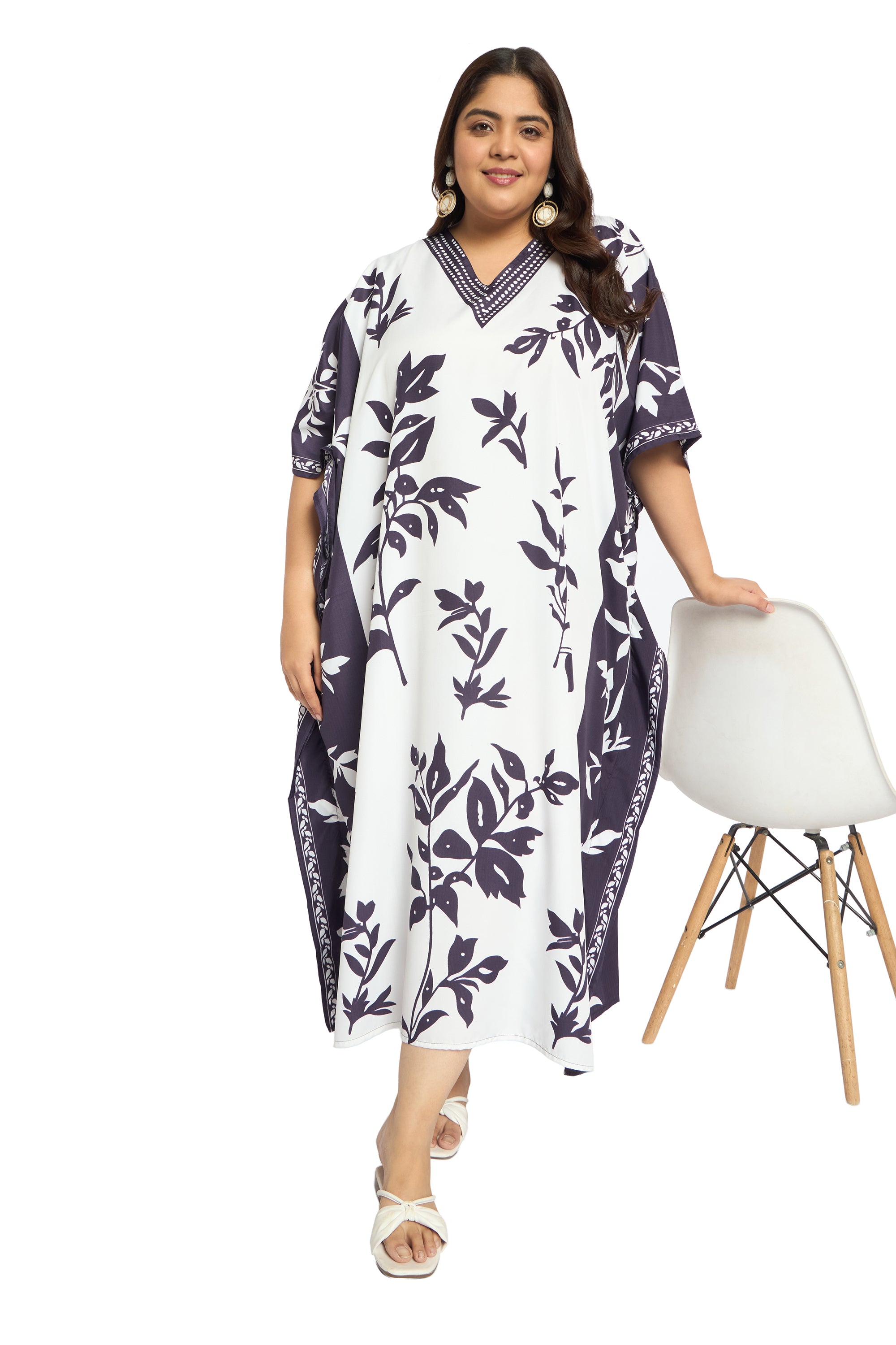 Leaf White and Purple Polyester Plus Size Kaftan Dresses for Women