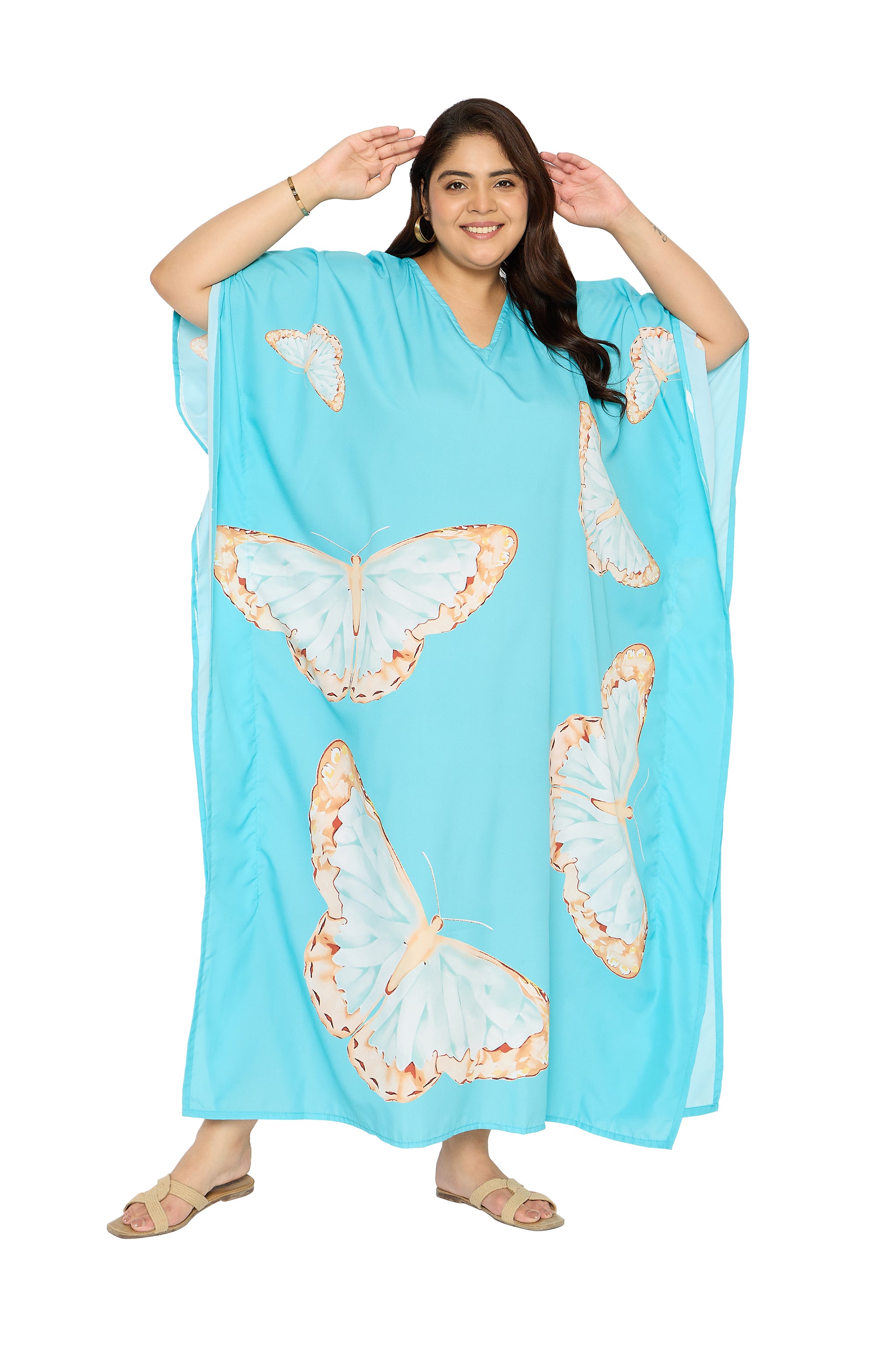 Aqua Polyester Butterfly Kaftan Dress for Plus Size