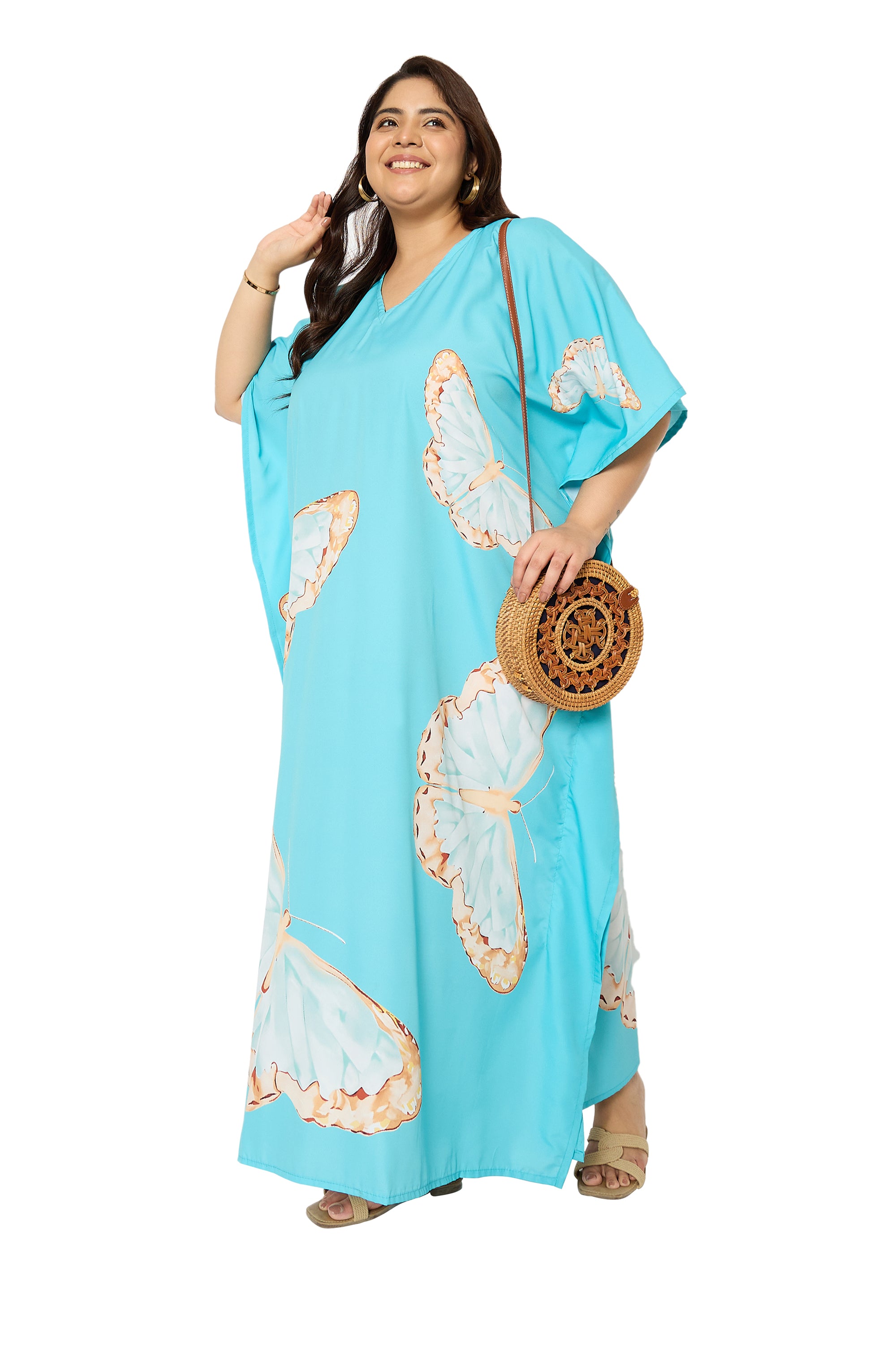 Aqua Polyester Butterfly Kaftan Dress for Plus Size