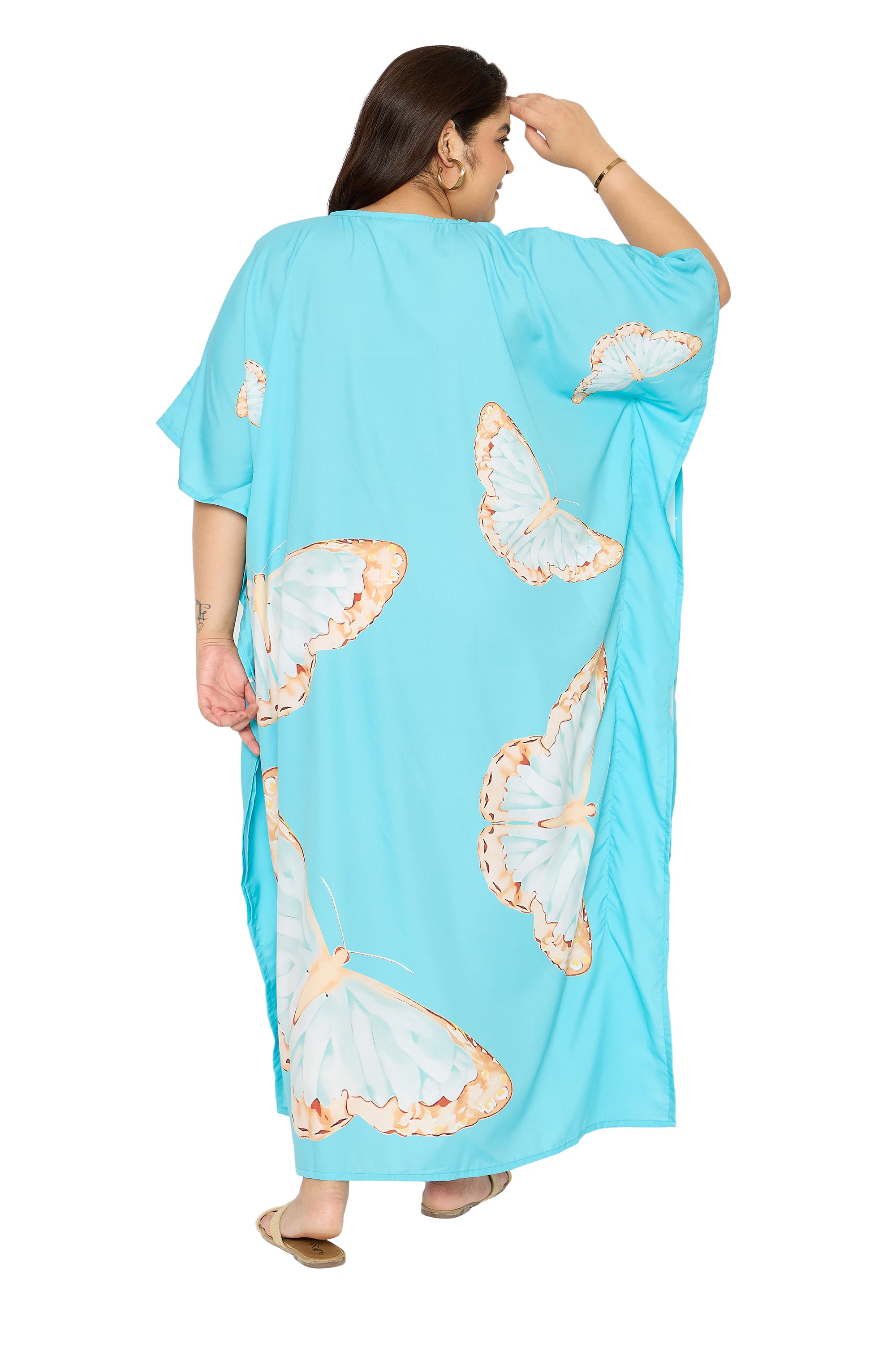 Aqua Polyester Butterfly Kaftan Dress for Plus Size