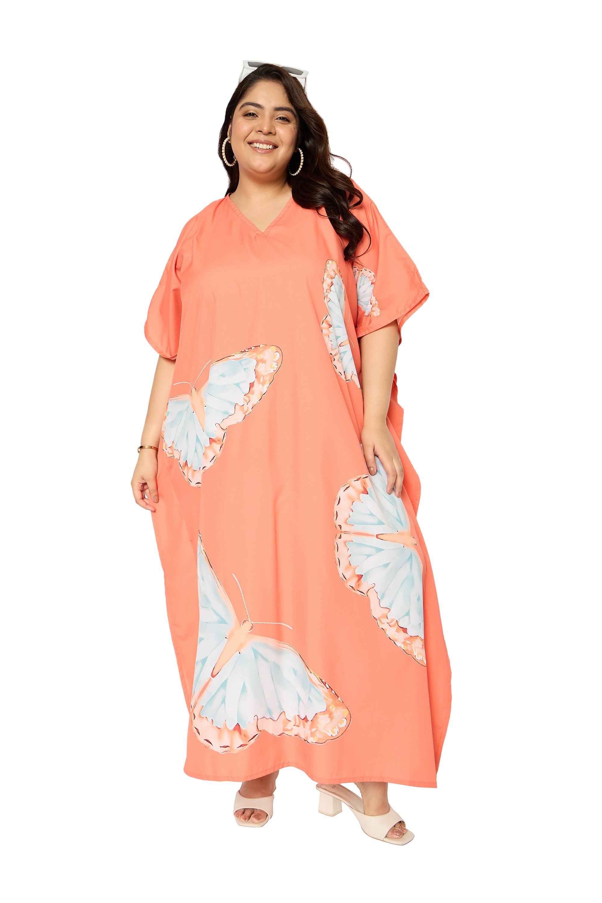 Apricot Polyester Butterfly Kaftan Dress for Women