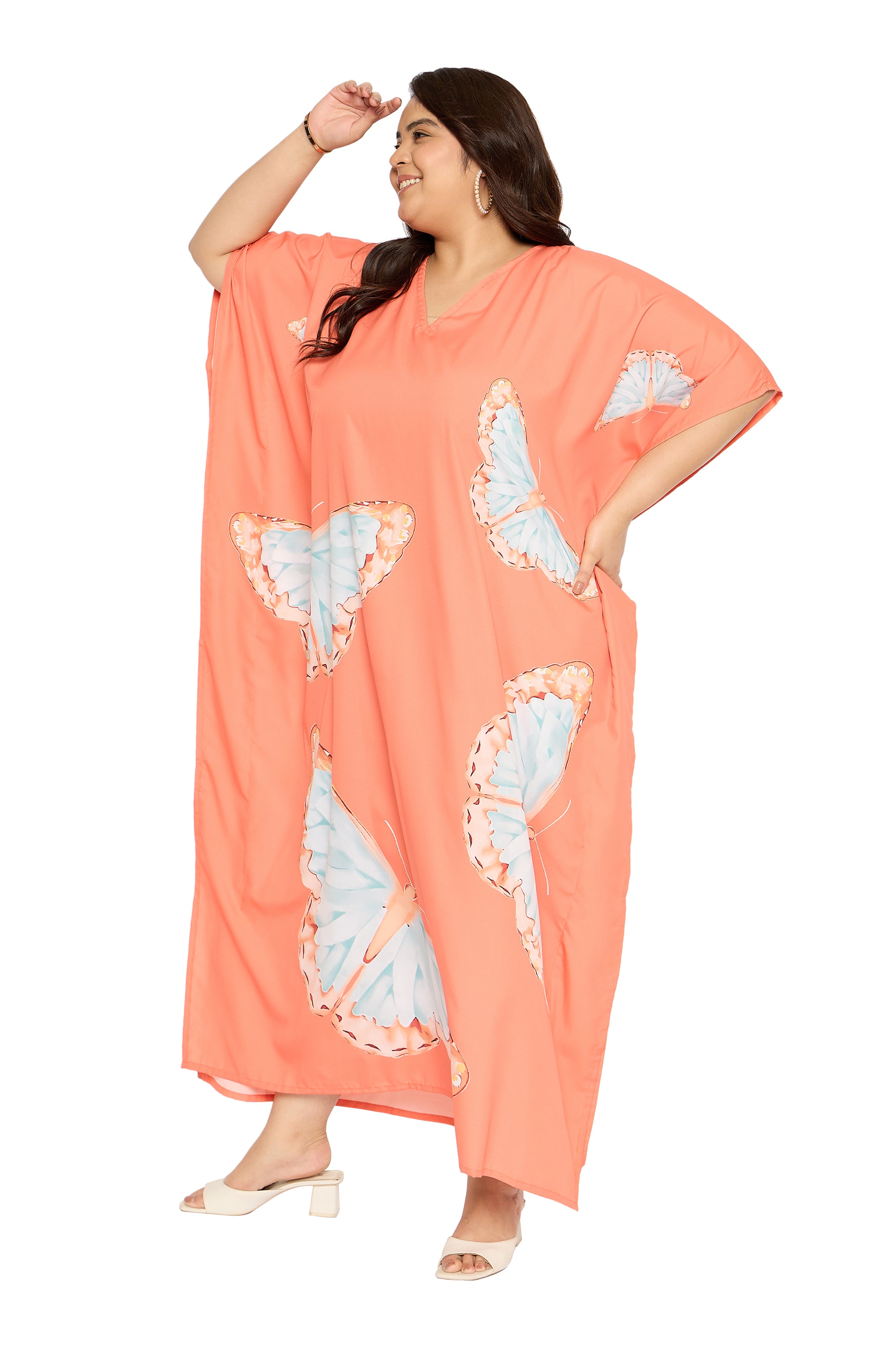 Apricot Polyester Butterfly Kaftan Dress for Women