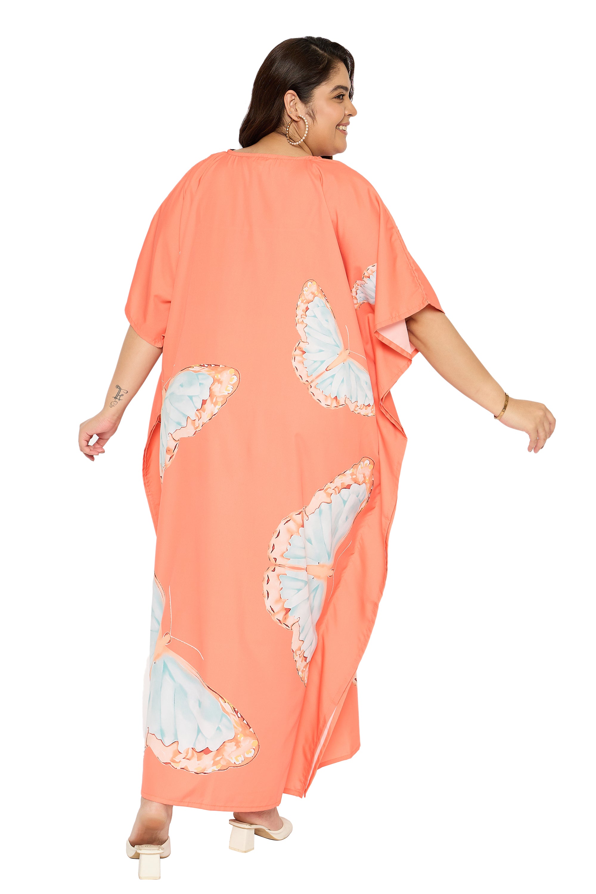 Apricot Polyester Butterfly Kaftan Dress for Women