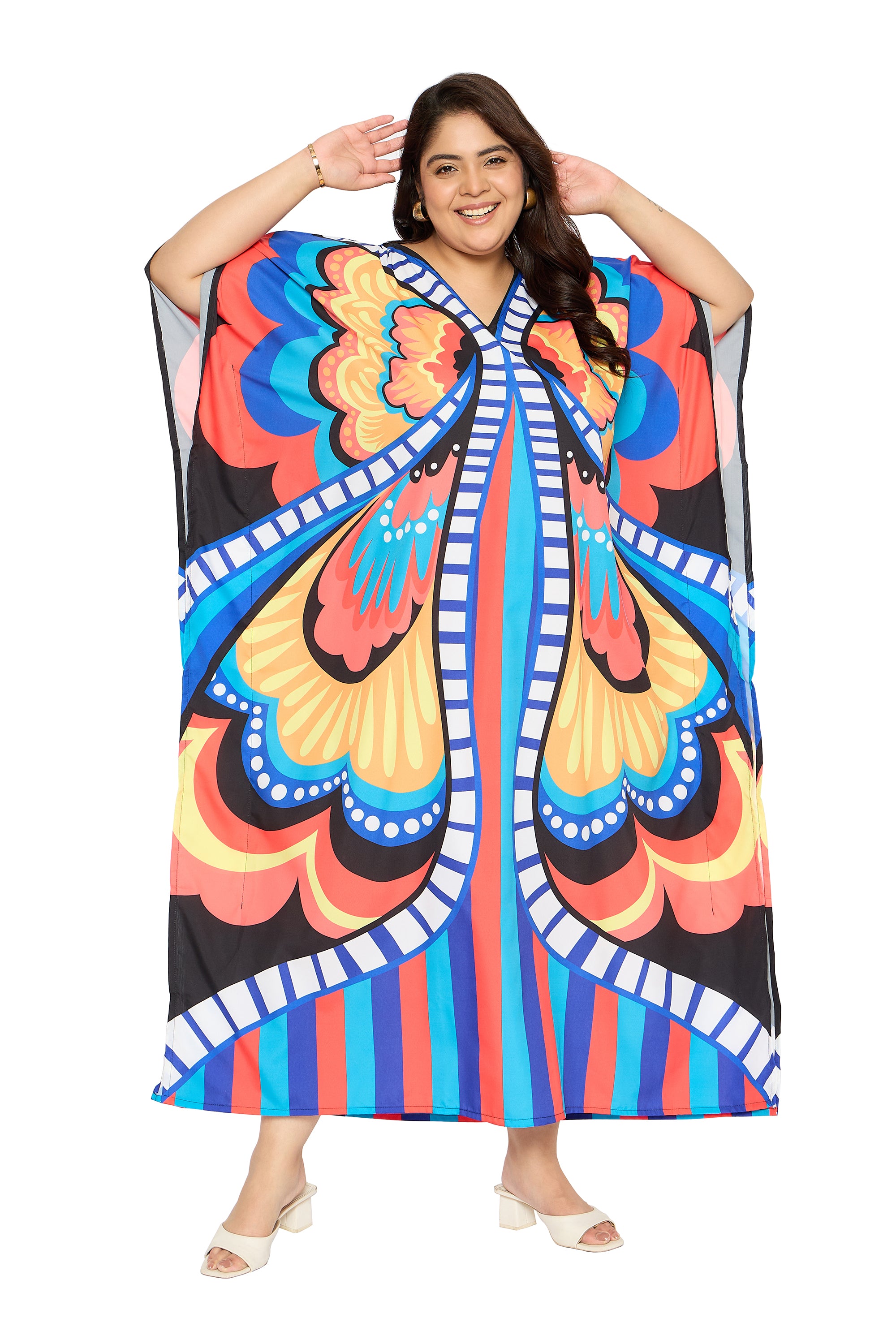 Butterfly Multicolor Plus Size V Neck Kaftan Beach Coverup for Women