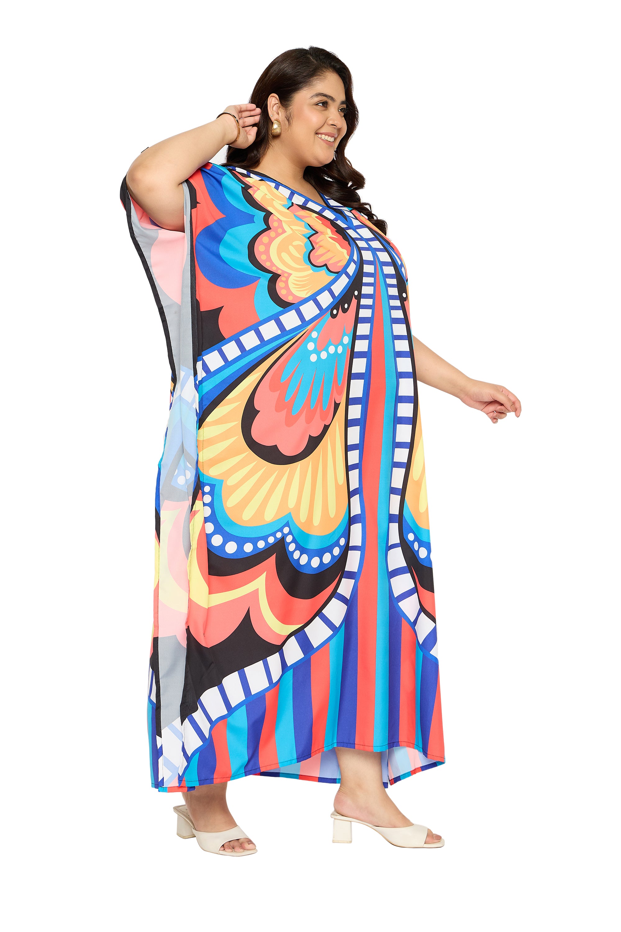 Butterfly Multicolor Plus Size V Neck Kaftan Beach Coverup for Women