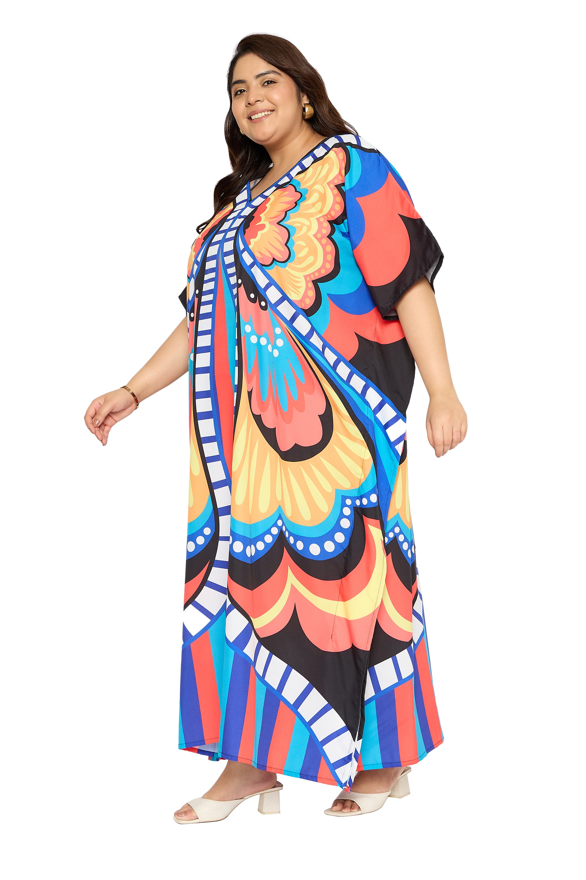 Butterfly Multicolor Plus Size V Neck Kaftan Beach Coverup for Women