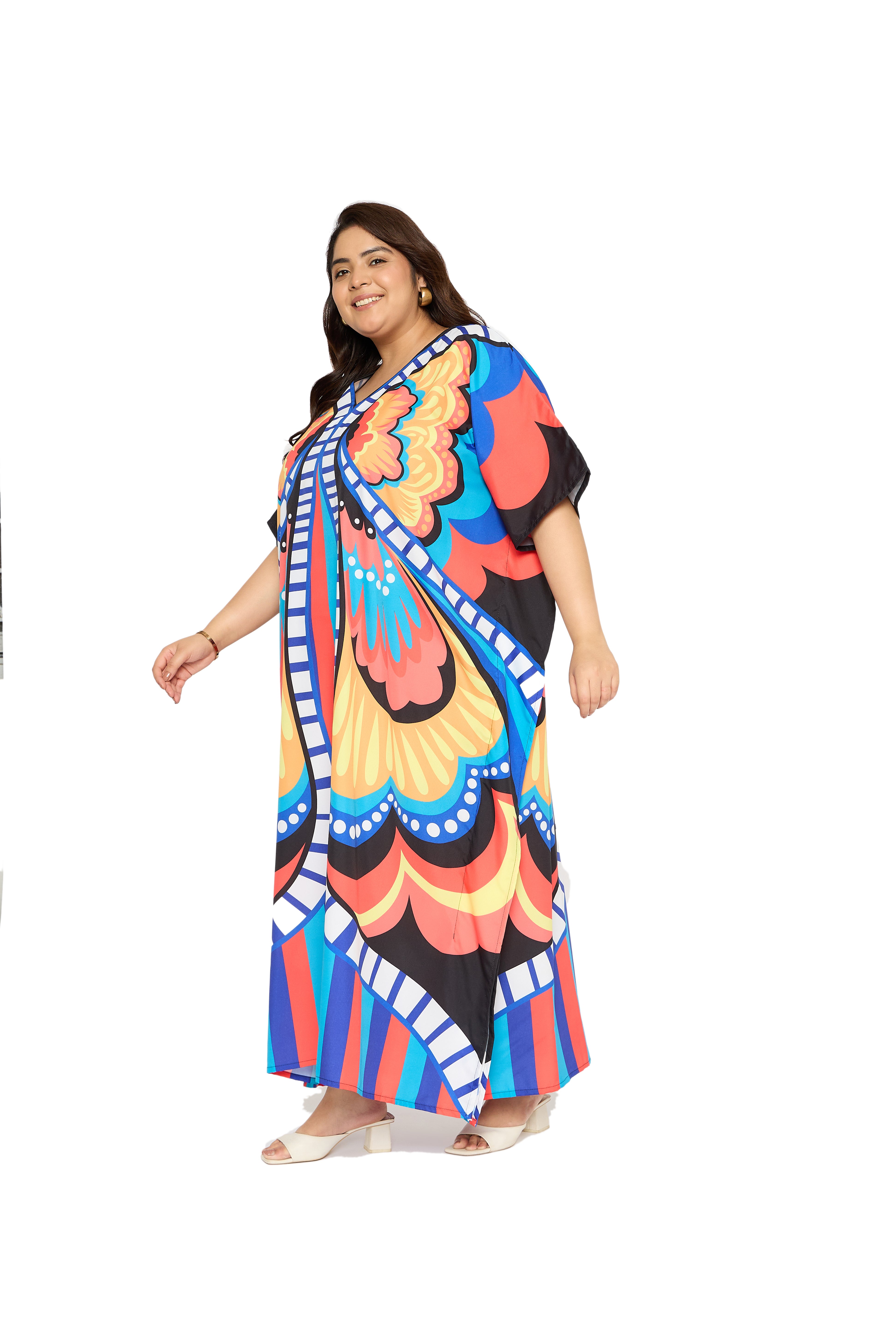 Butterfly Multicolor Plus Size V Neck Kaftan Beach Coverup for Women