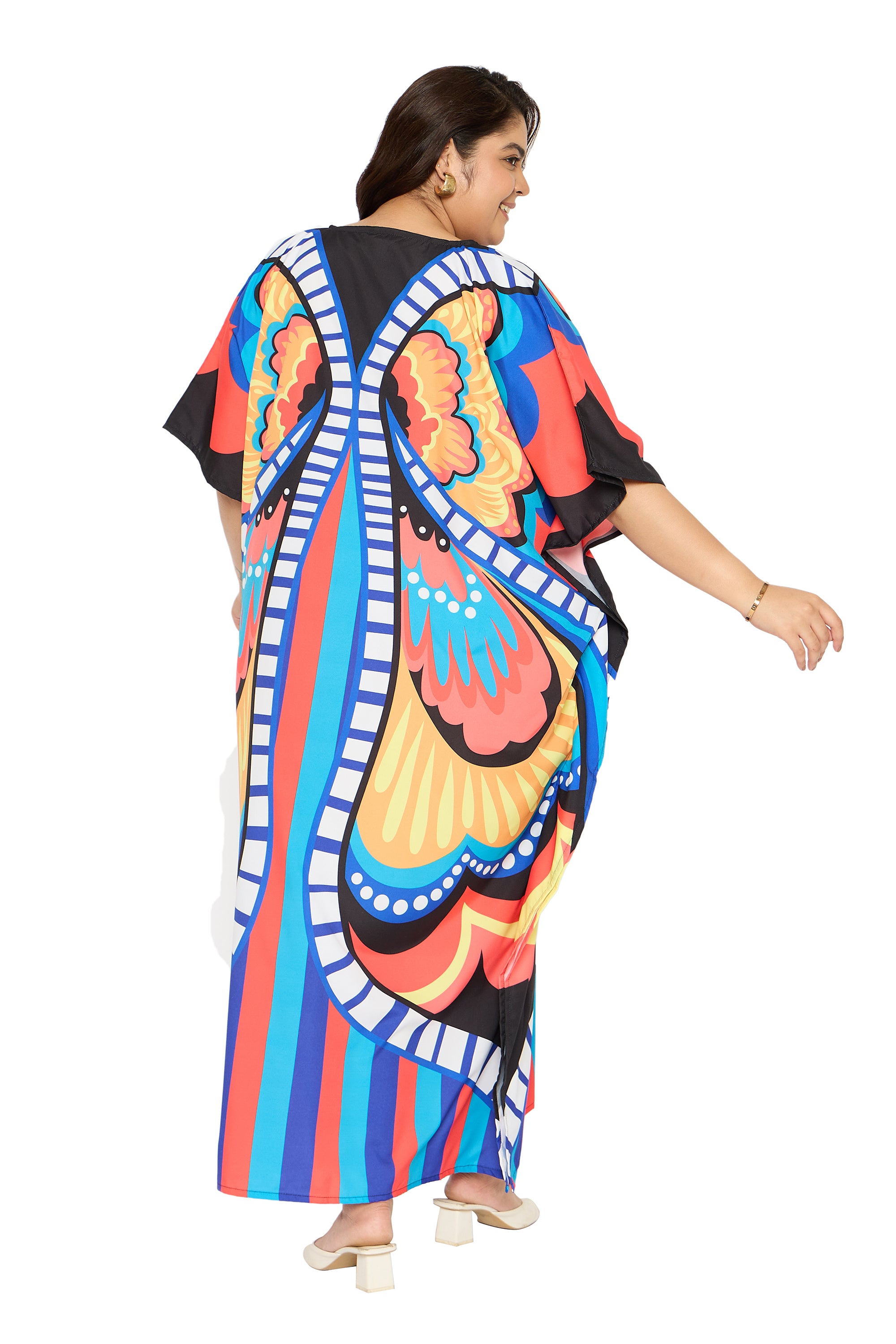 Butterfly Multicolor Plus Size V Neck Kaftan Beach Coverup for Women