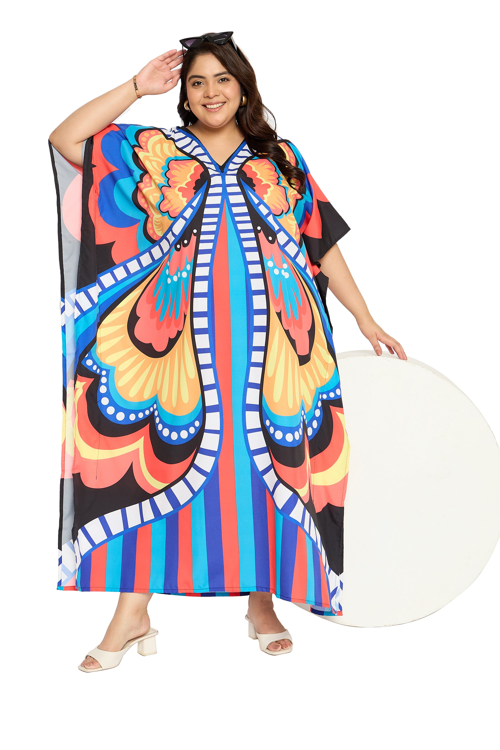 Butterfly Multicolor Plus Size V Neck Kaftan Beach Coverup for Women