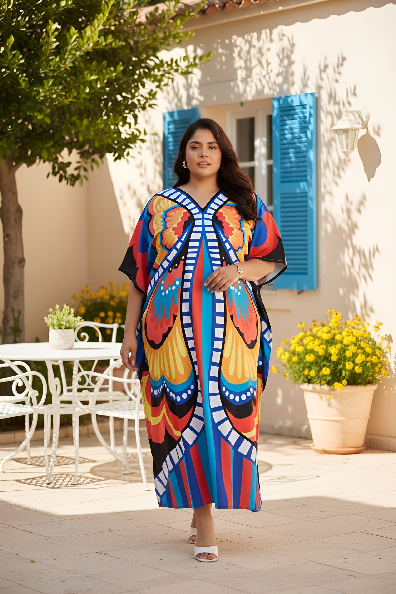 Butterfly Multicolor Plus Size V Neck Kaftan Beach Coverup for Women