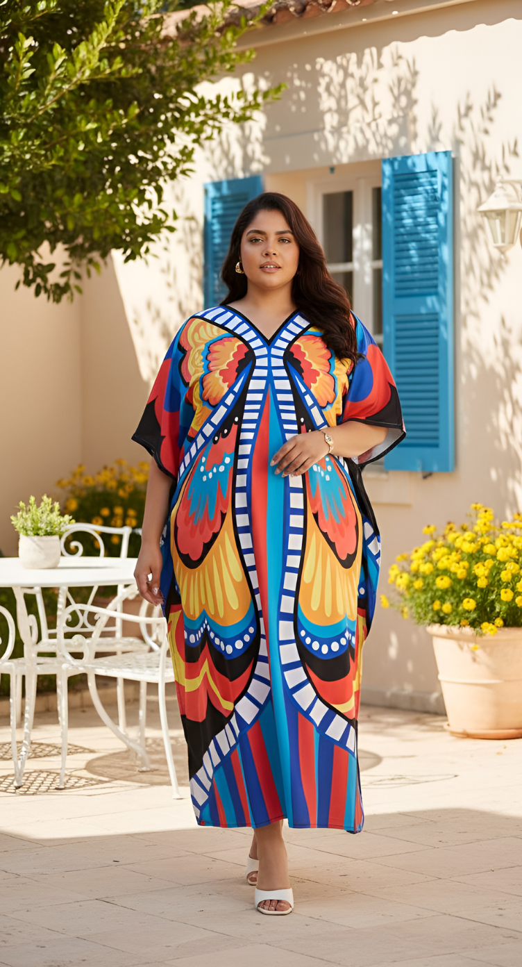 Butterfly Multicolor Plus Size V Neck Kaftan Beach Coverup for Women