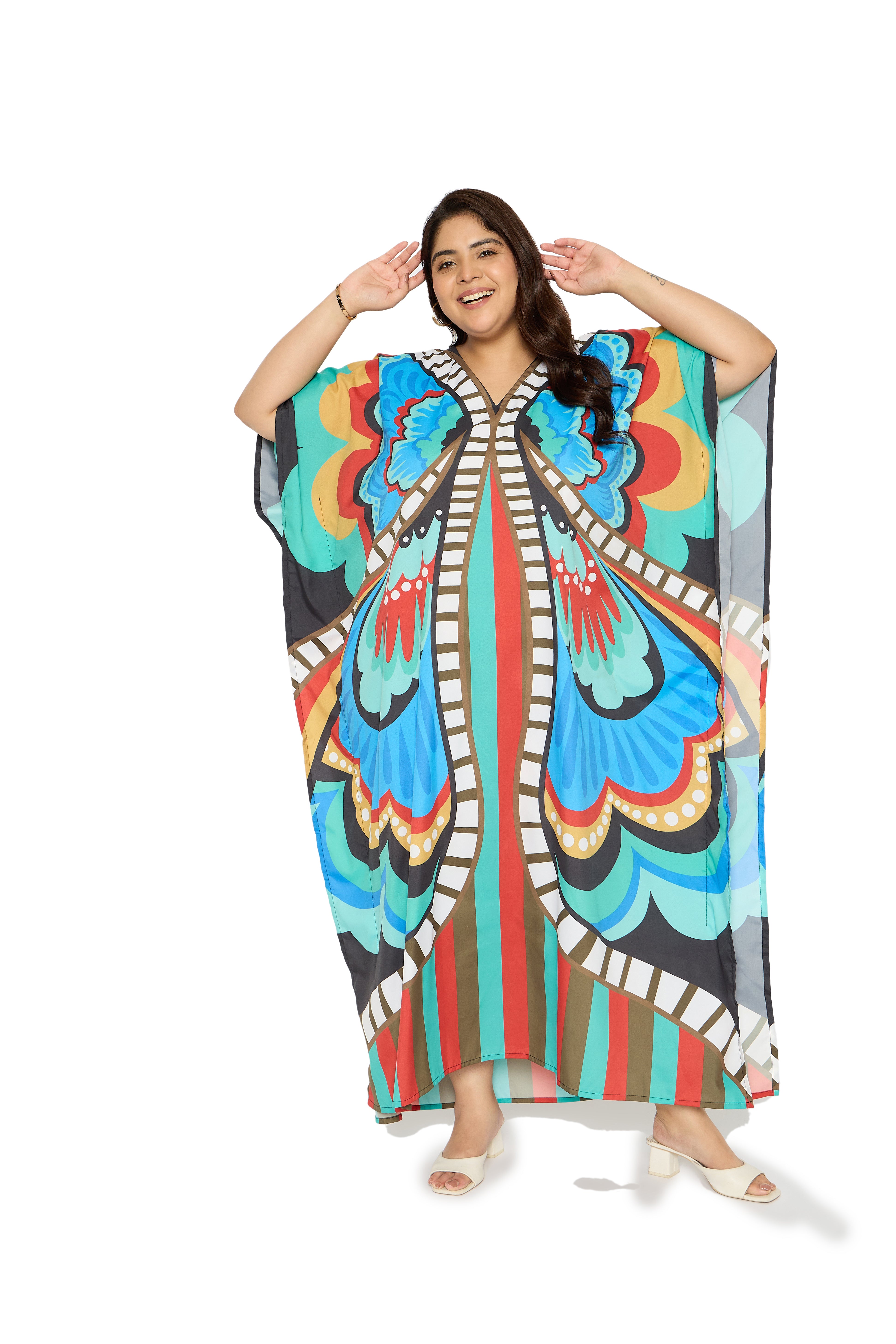 Butterfly Multicolor Polyester Plus Size Caftan Dress for Women