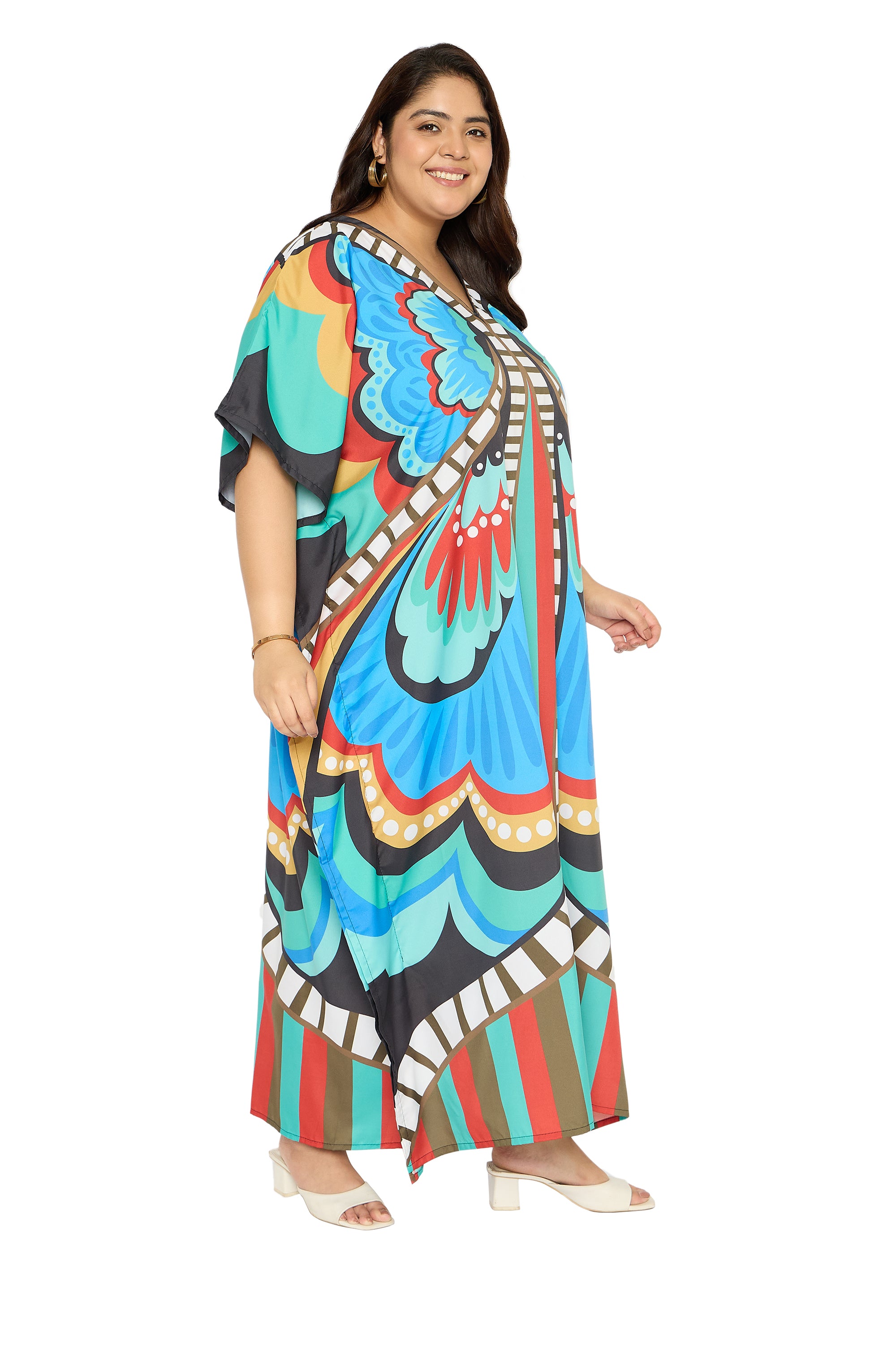 Butterfly Multicolor Polyester Plus Size Caftan Dress for Women