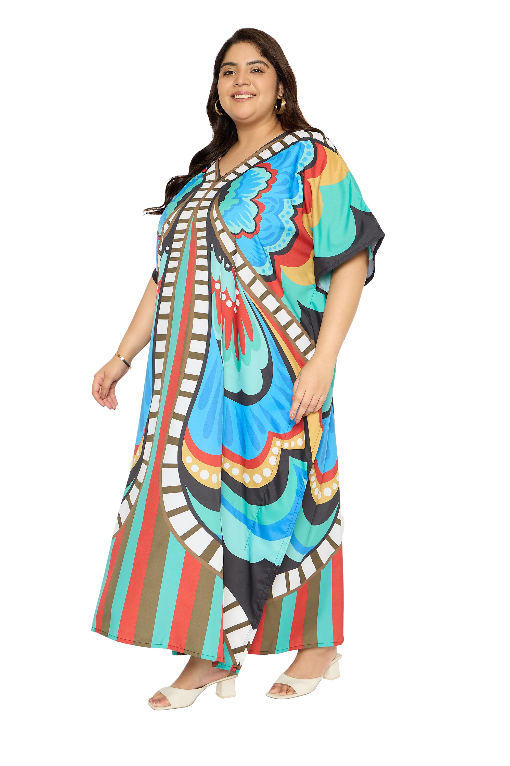 Butterfly Multicolor Polyester Plus Size Caftan Dress for Women