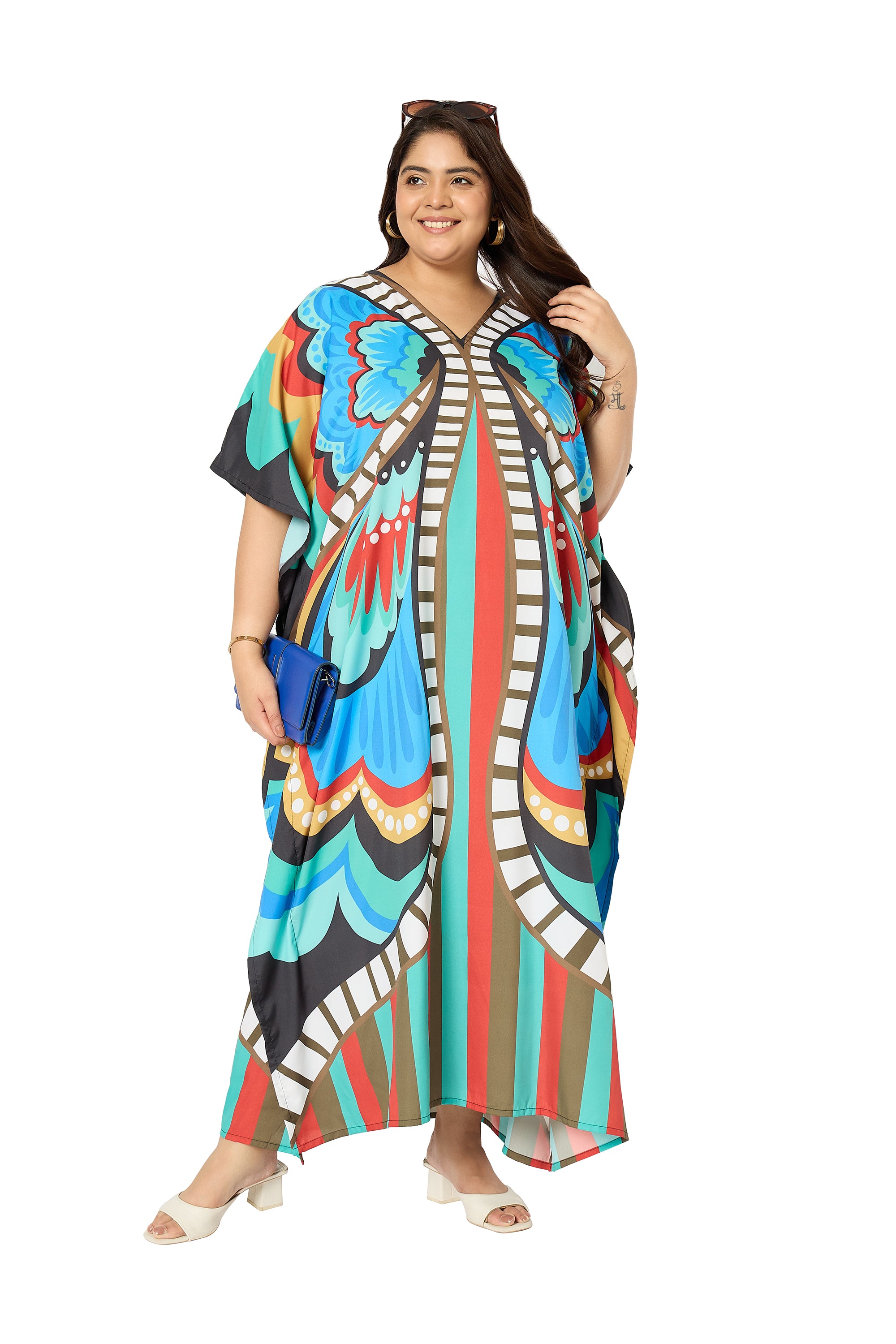 Butterfly Multicolor Polyester Plus Size Caftan Dress for Women