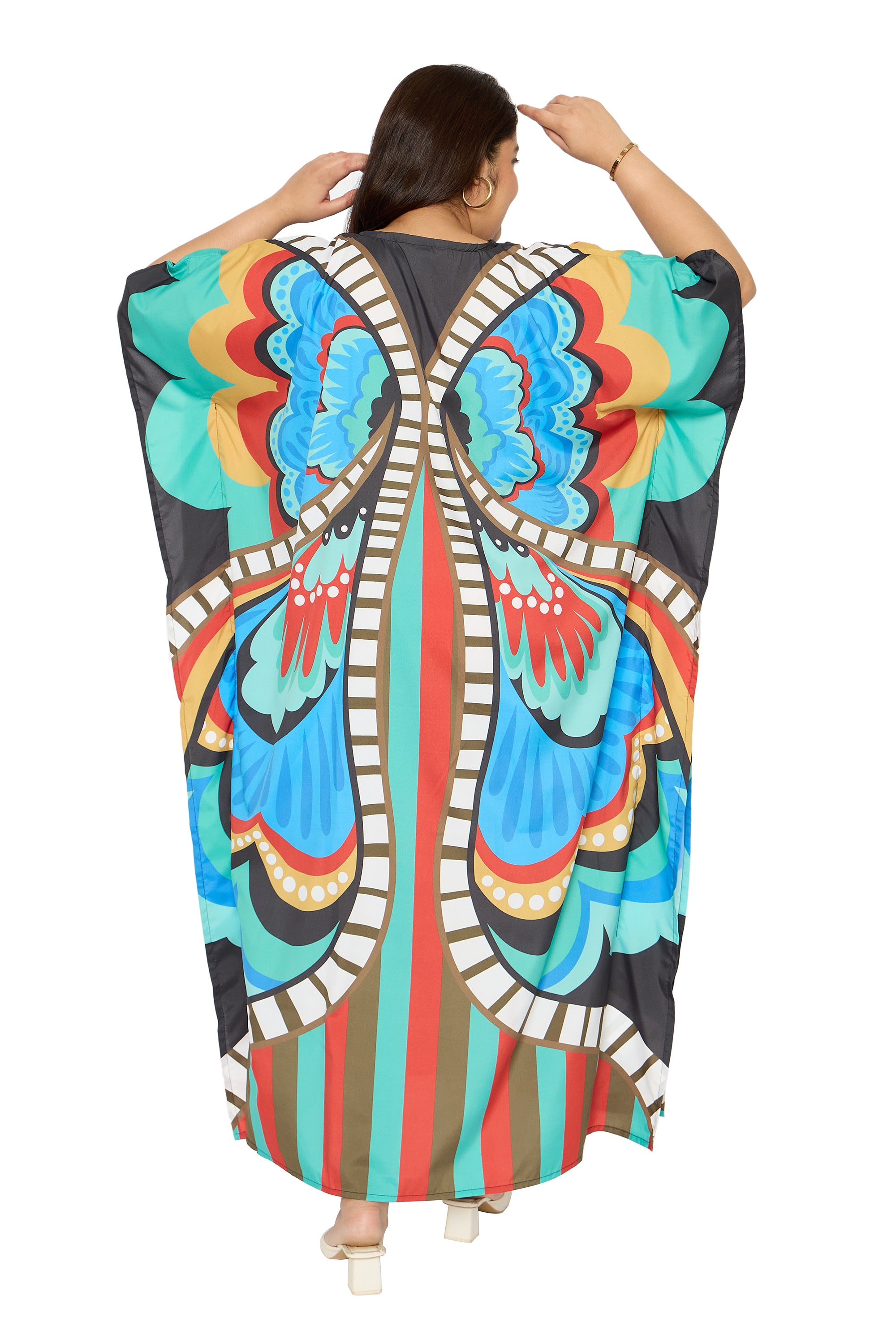 Butterfly Multicolor Polyester Plus Size Caftan Dress for Women