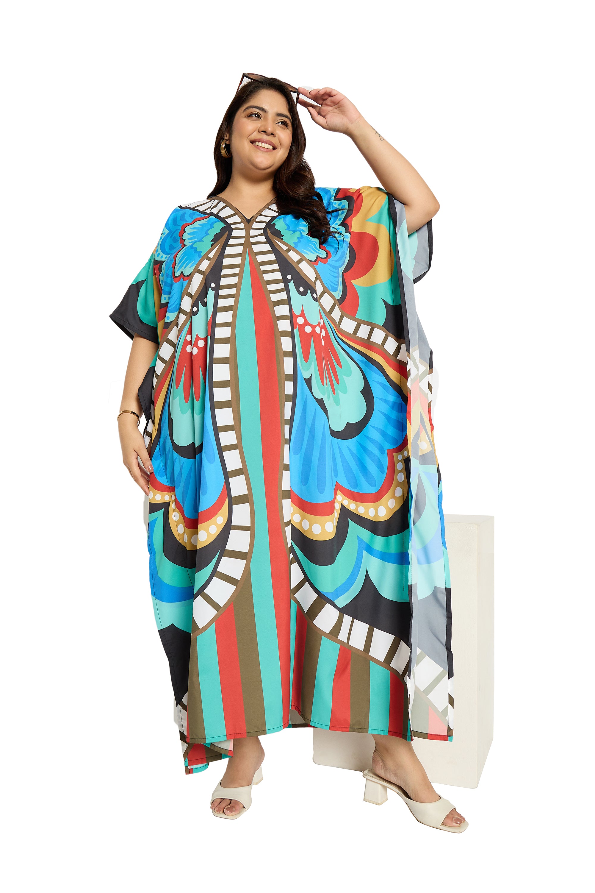 Butterfly Multicolor Polyester Plus Size Caftan Dress for Women