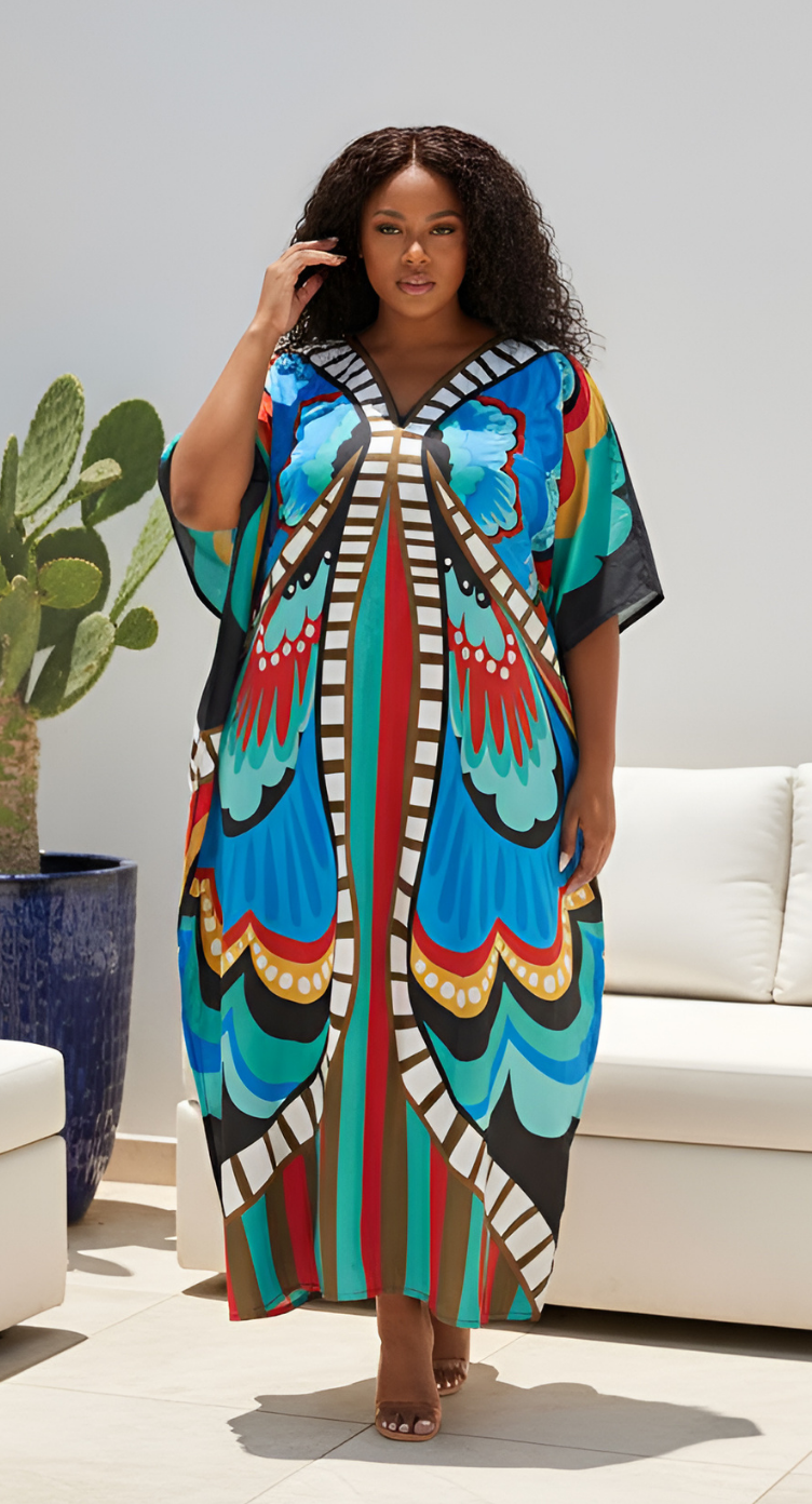 Multicolor butterfly wing print plus size kaftan in turquoise, red and blue with kimono sleeves