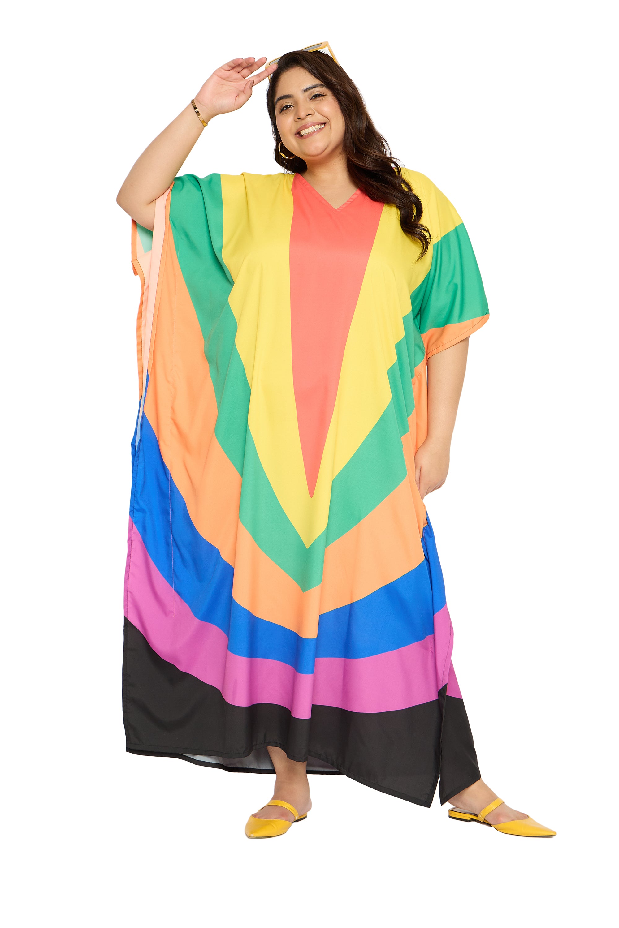 Rainbow Multicolor Polyester Plus Size Caftan for Women