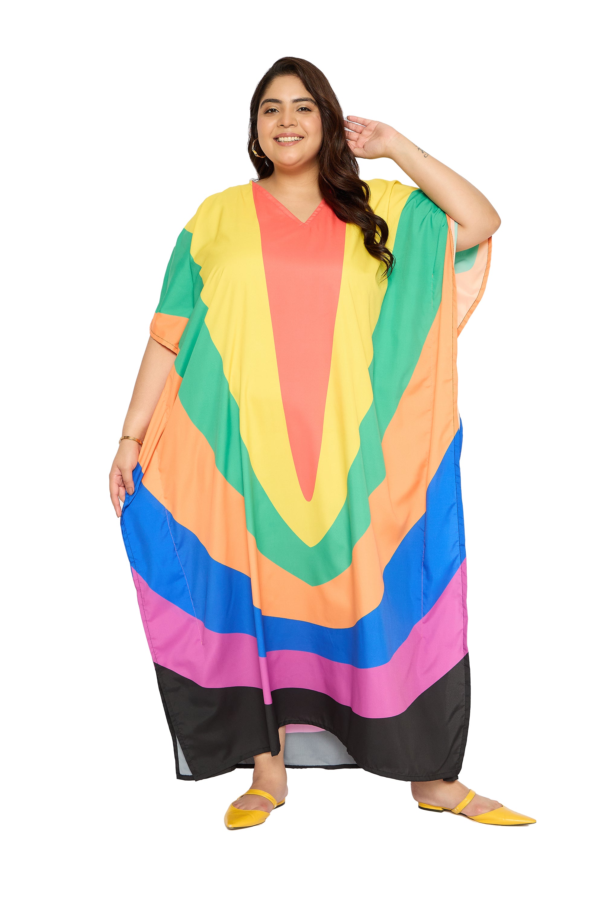 Rainbow Multicolor Polyester Plus Size Caftan for Women