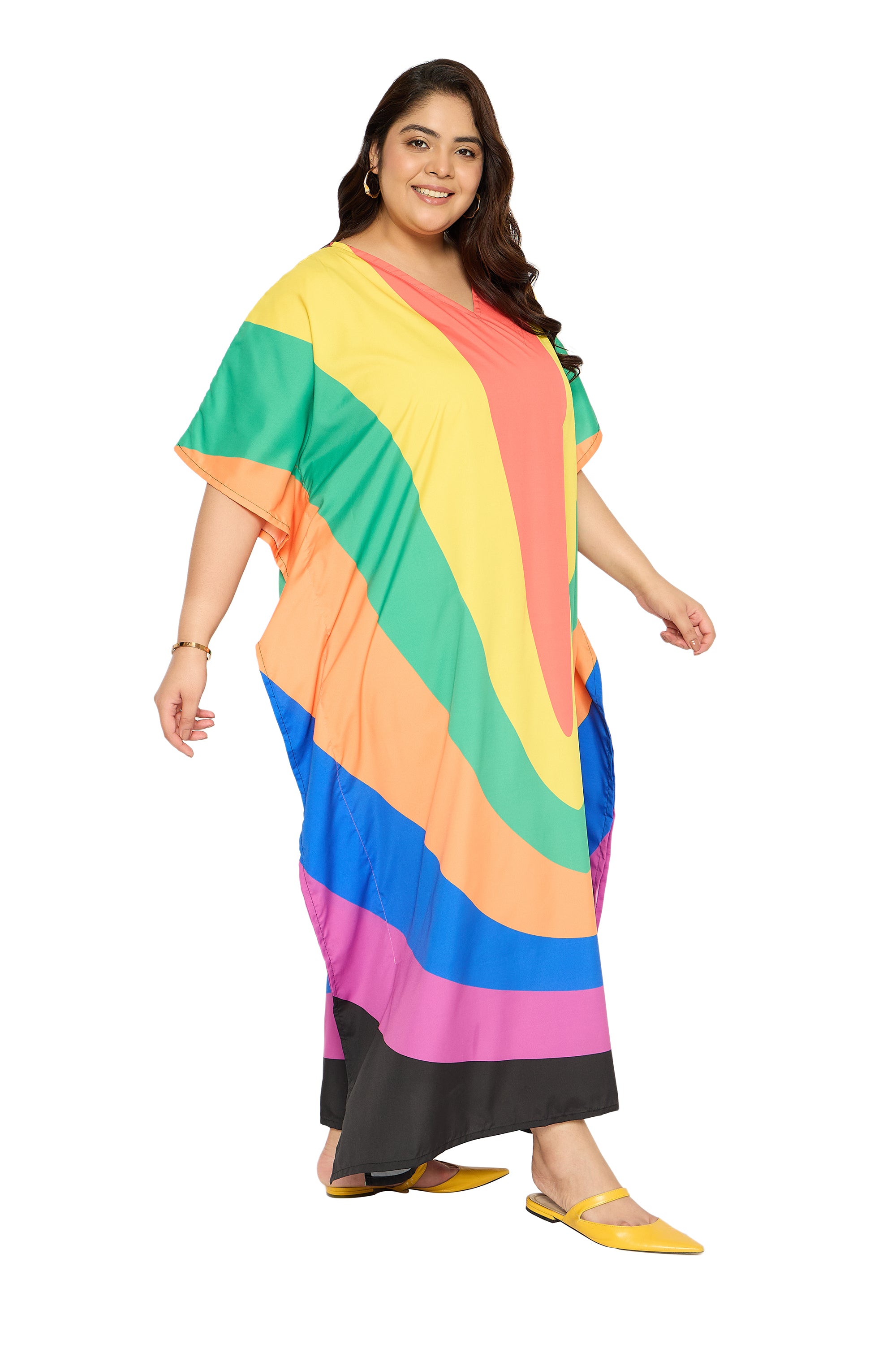 Rainbow Multicolor Polyester Plus Size Caftan for Women