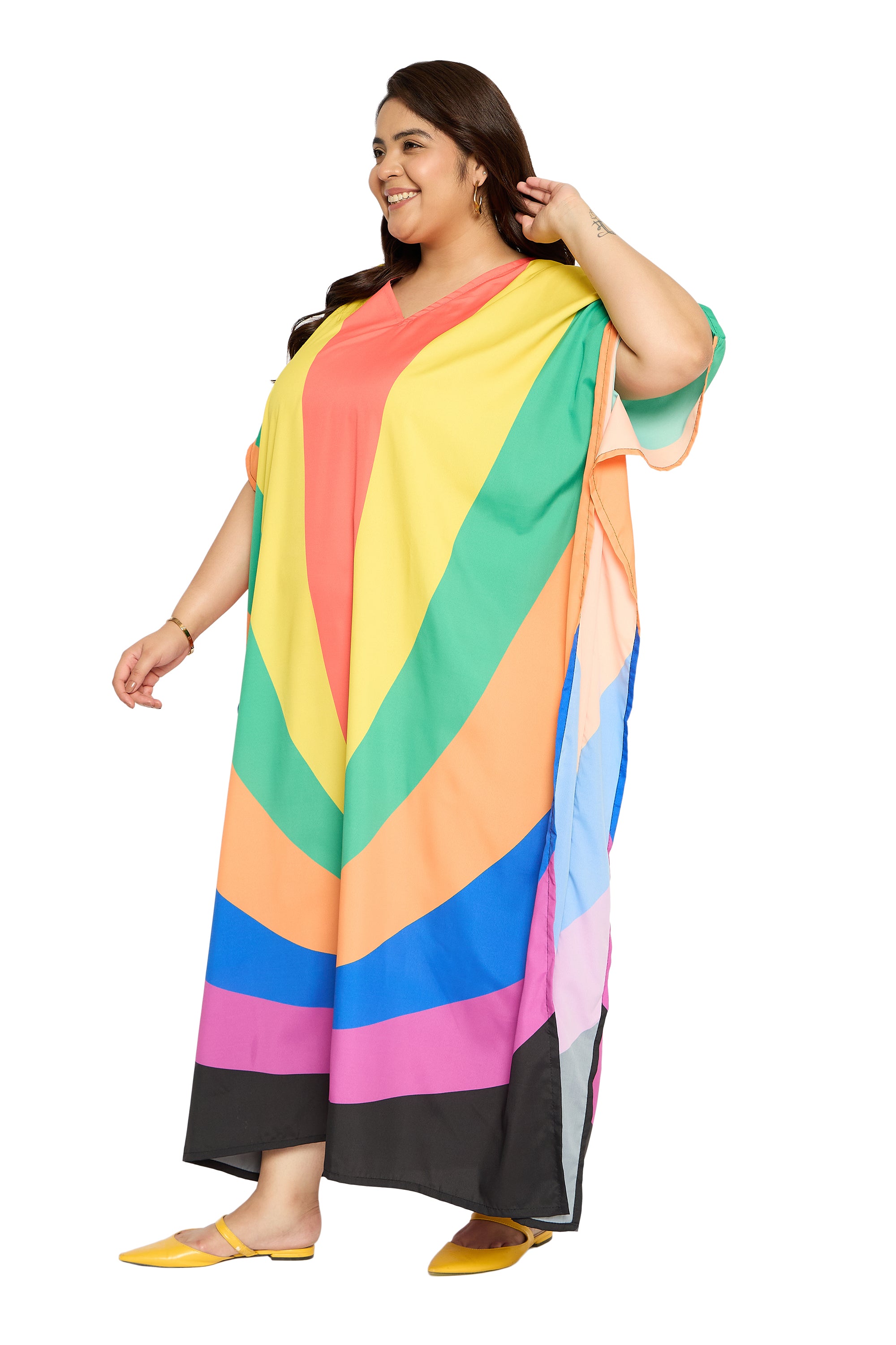 Rainbow Multicolor Polyester Plus Size Caftan for Women