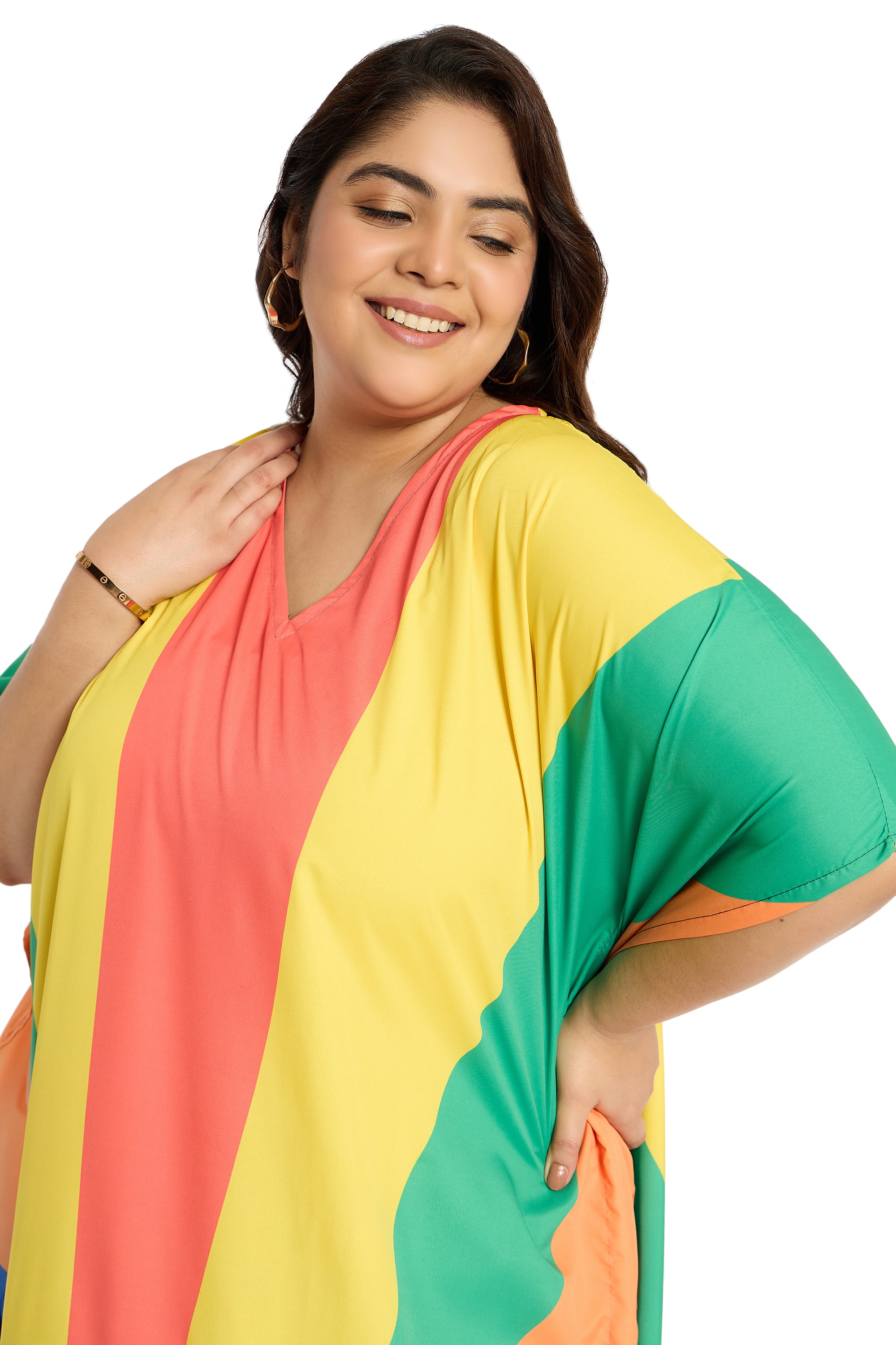 Rainbow Multicolor Polyester Plus Size Caftan for Women