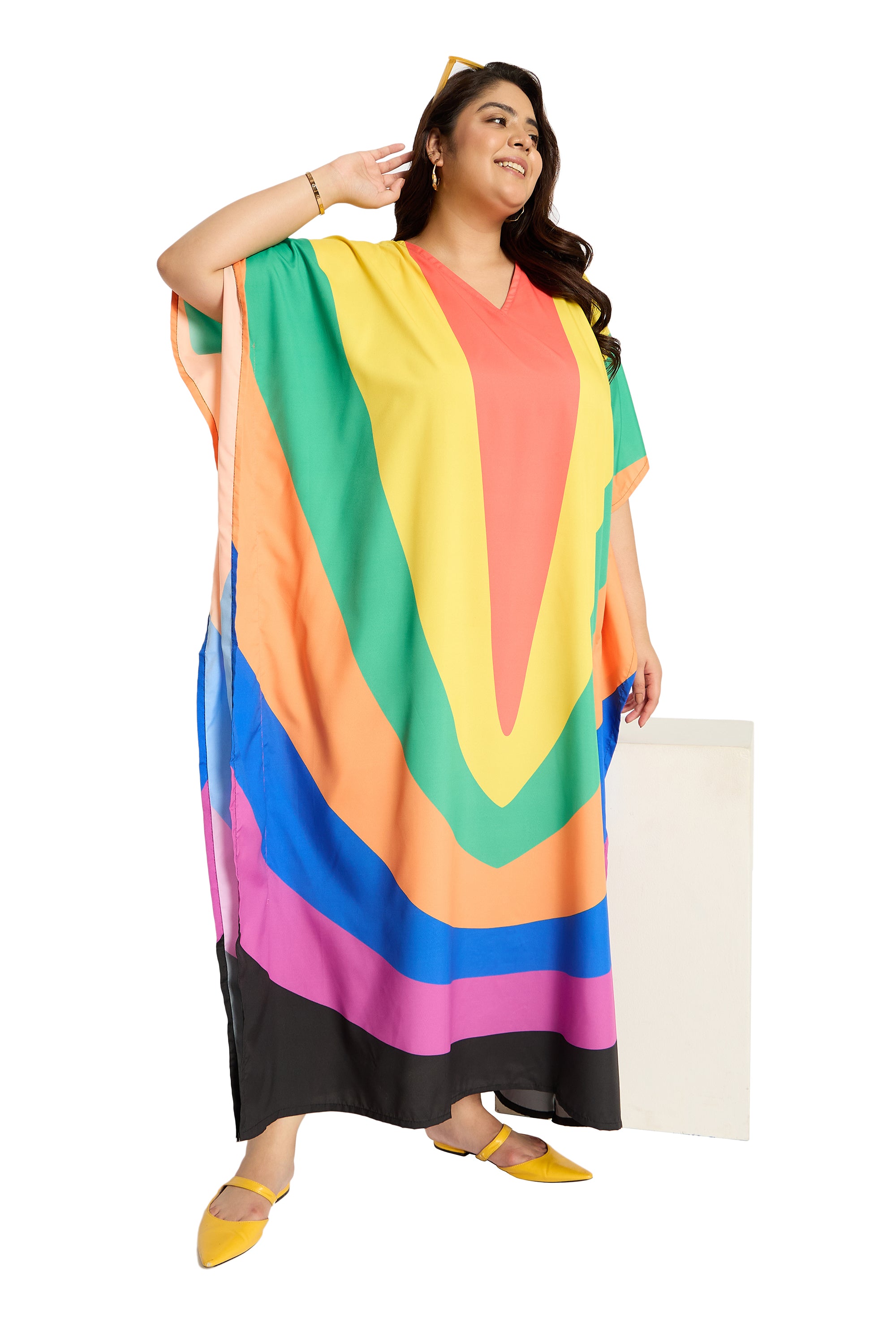 Rainbow Multicolor Polyester Plus Size Caftan for Women