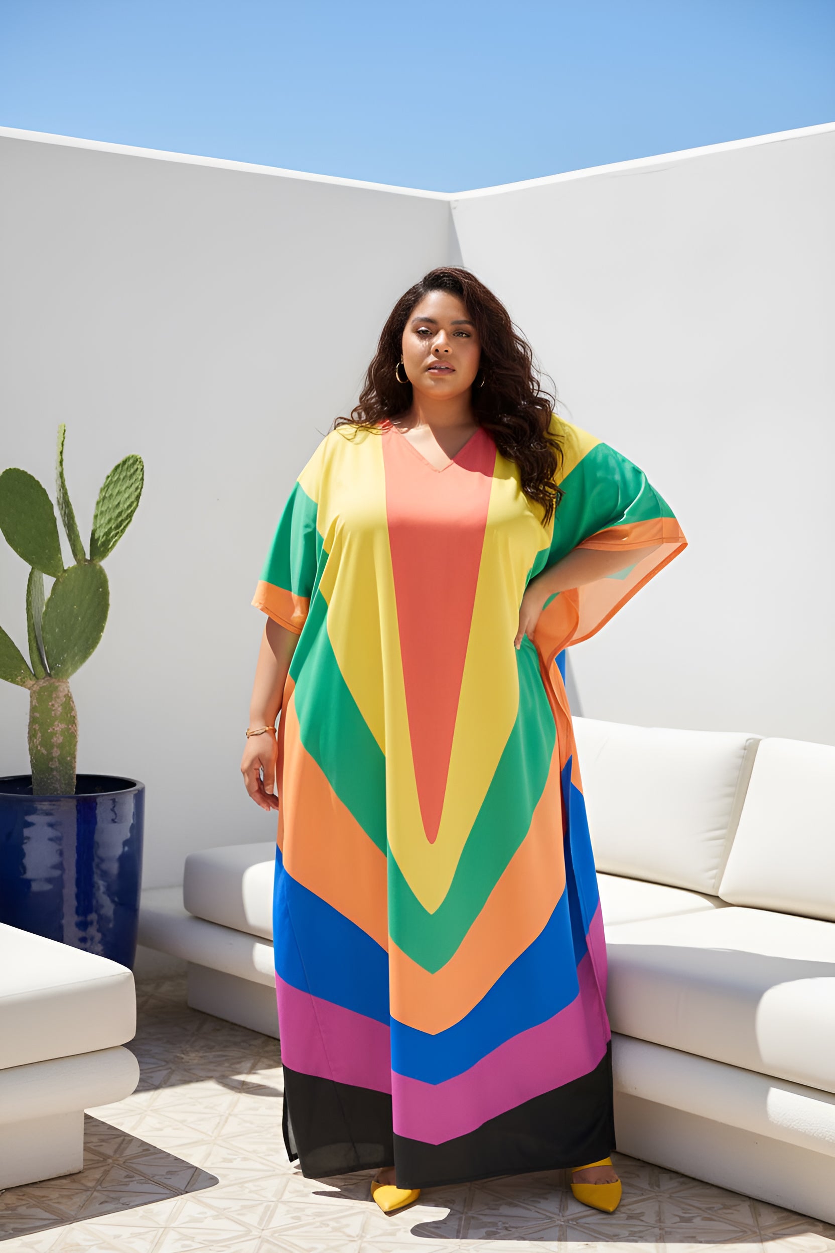 Rainbow Multicolor Polyester Plus Size Caftan for Women