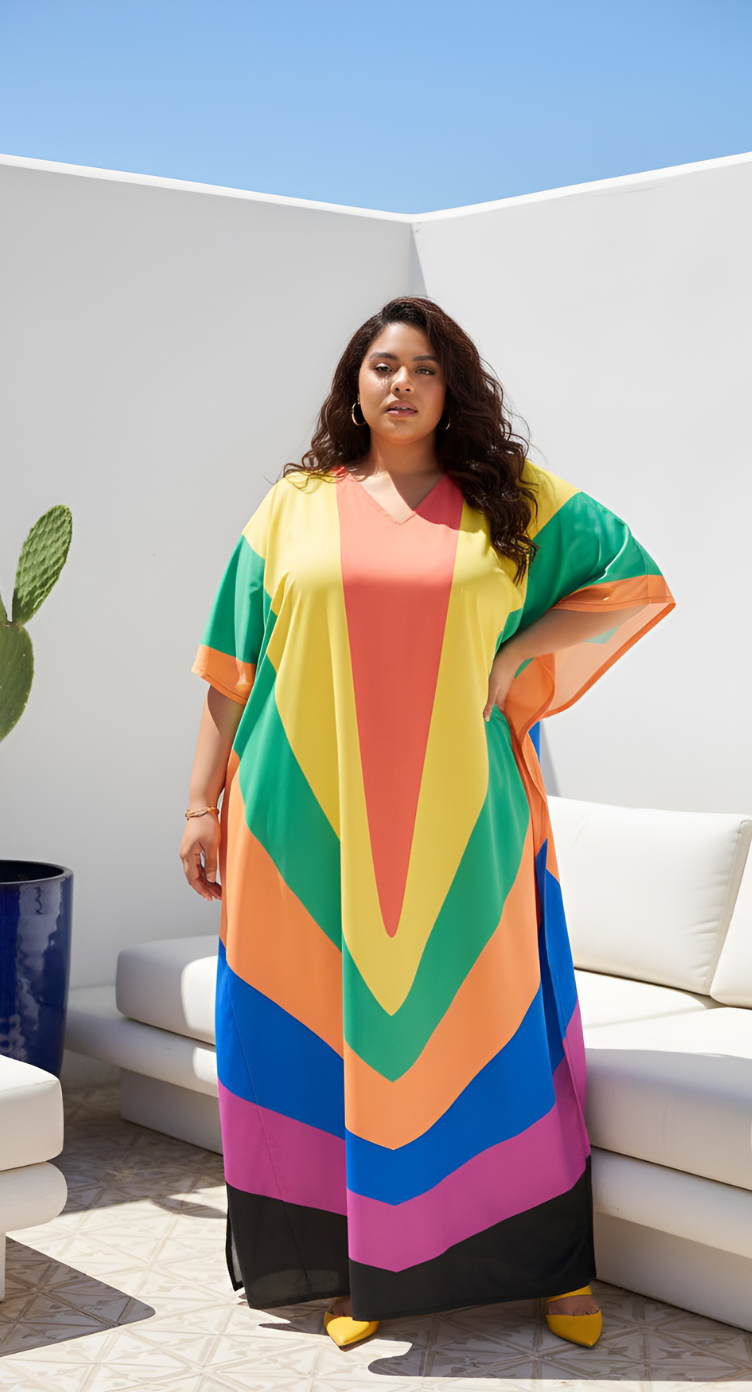 Rainbow Multicolor Polyester Plus Size Caftan for Women