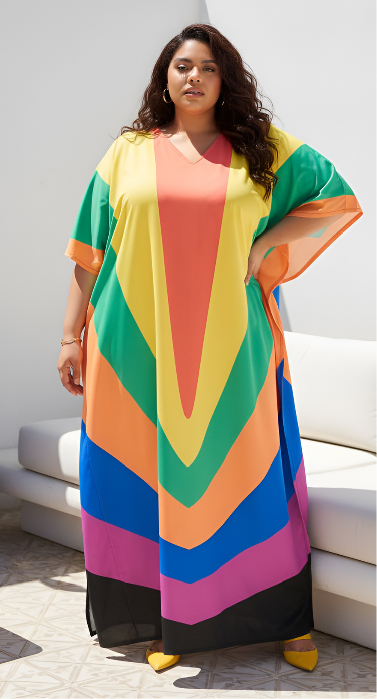 Multicolor rainbow chevron colorblock plus size kaftan with V-neck and wide kimono sleeves