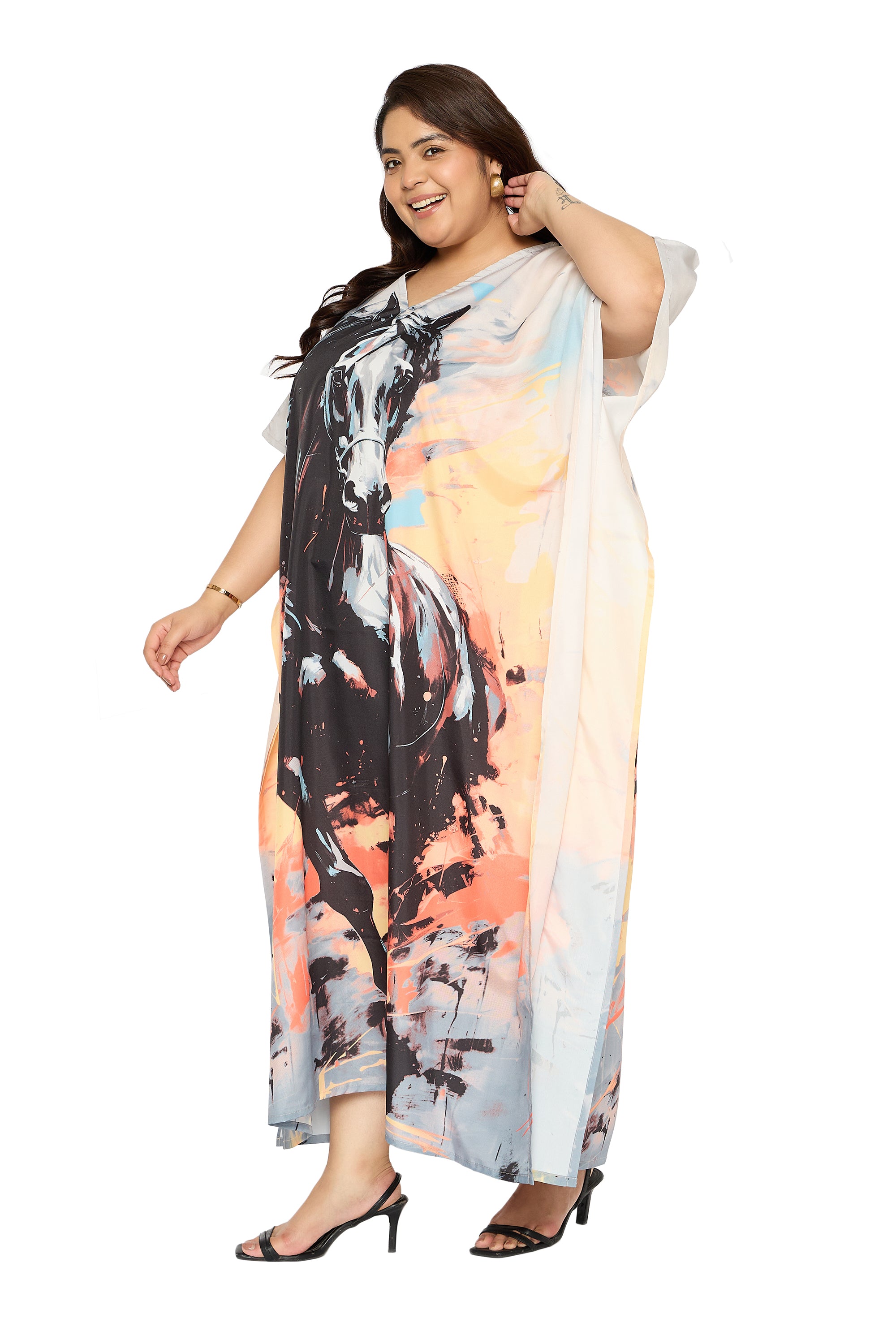 Animal Multicolor Polyester Plus Size Caftan Beach Dress for Women