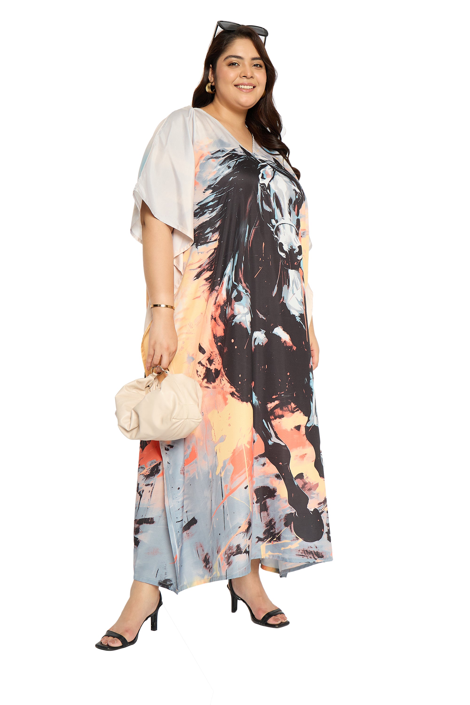 Animal Multicolor Polyester Plus Size Caftan Beach Dress for Women