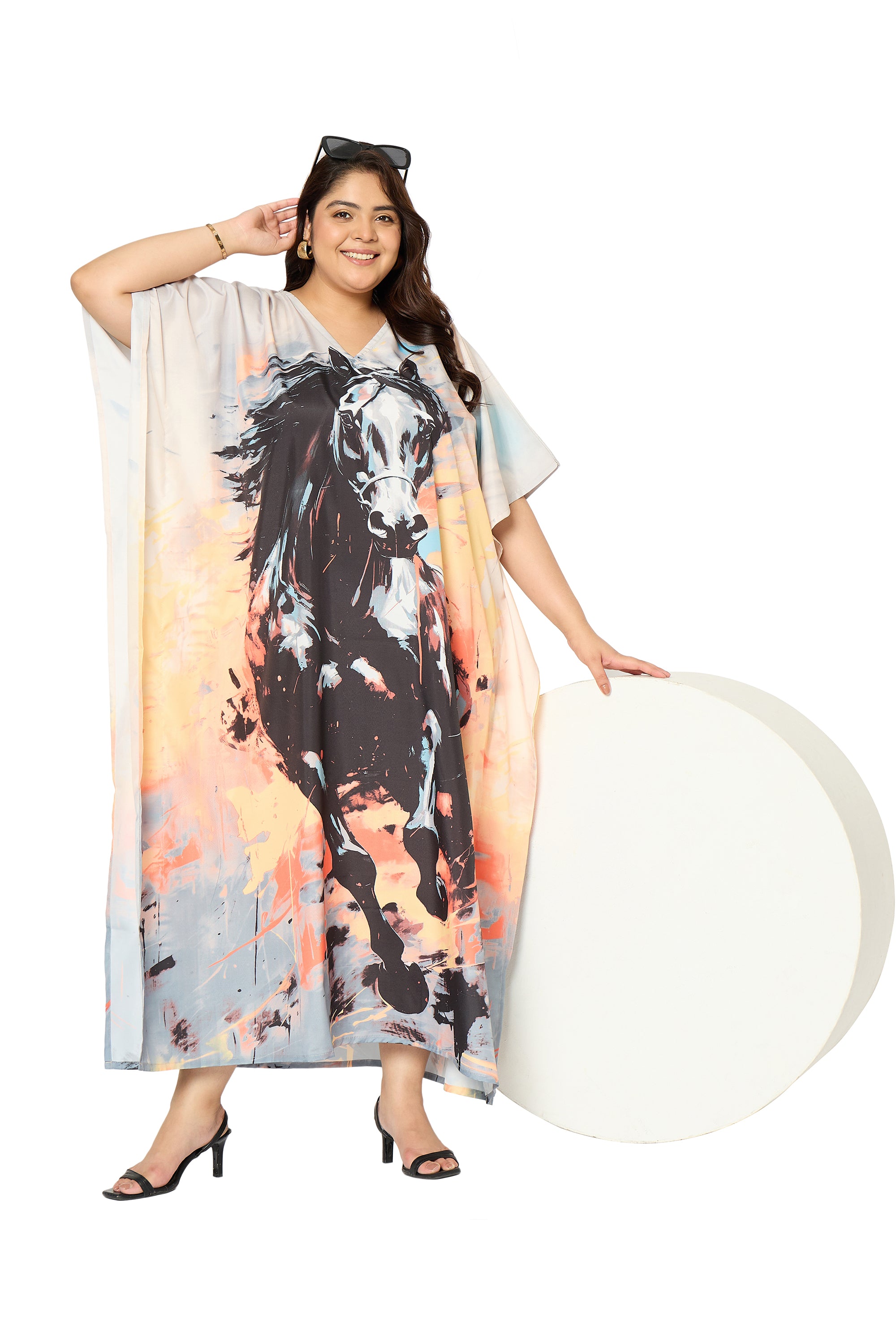 Animal Multicolor Polyester Plus Size Caftan Beach Dress for Women