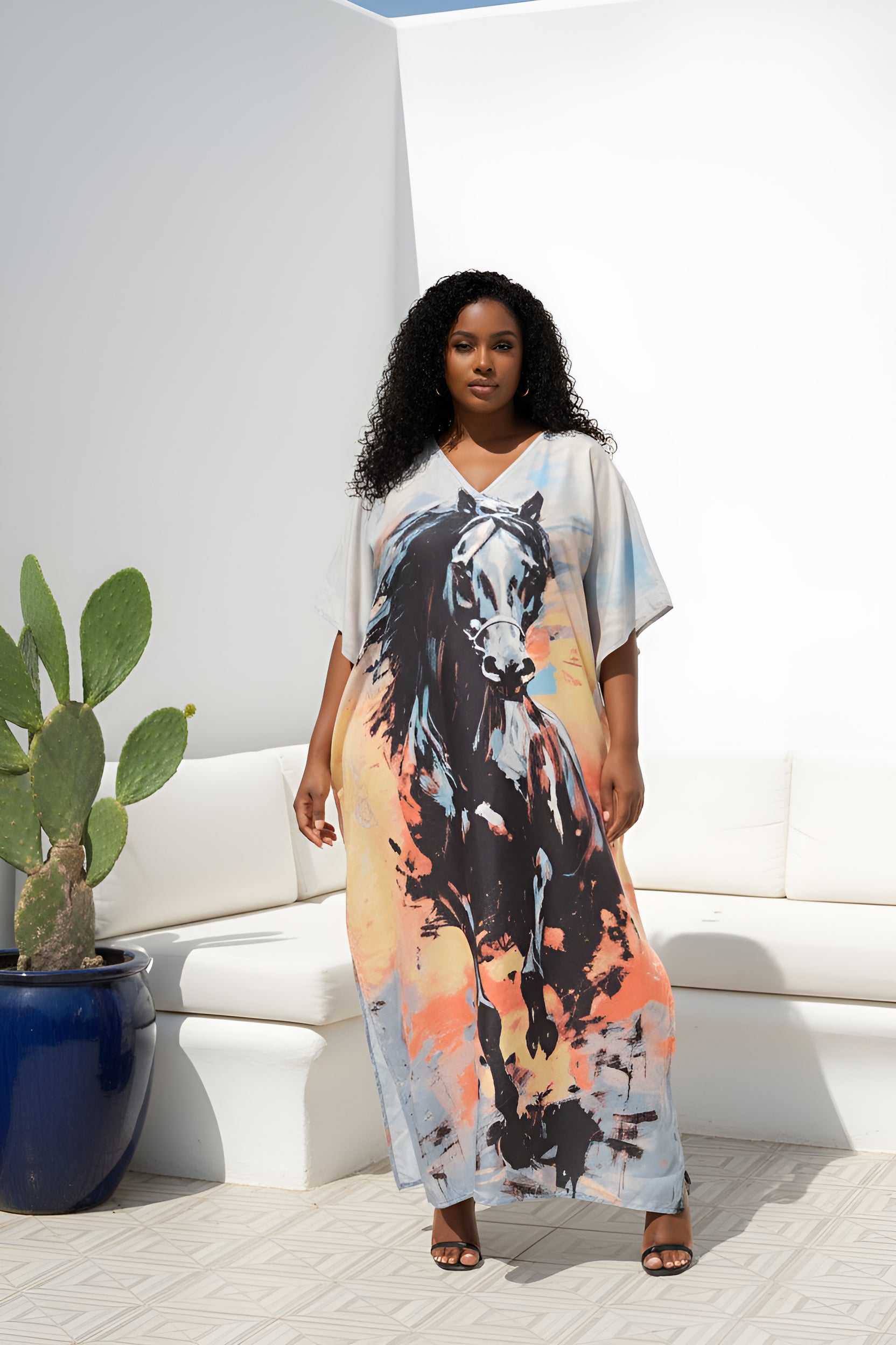 Animal Multicolor Polyester Plus Size Caftan Beach Dress for Women