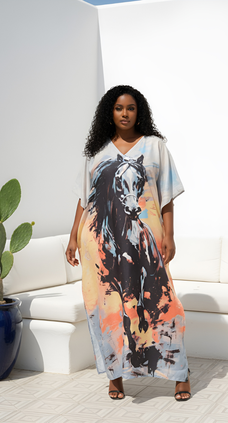 Animal Multicolor Polyester Plus Size Caftan Beach Dress for Women