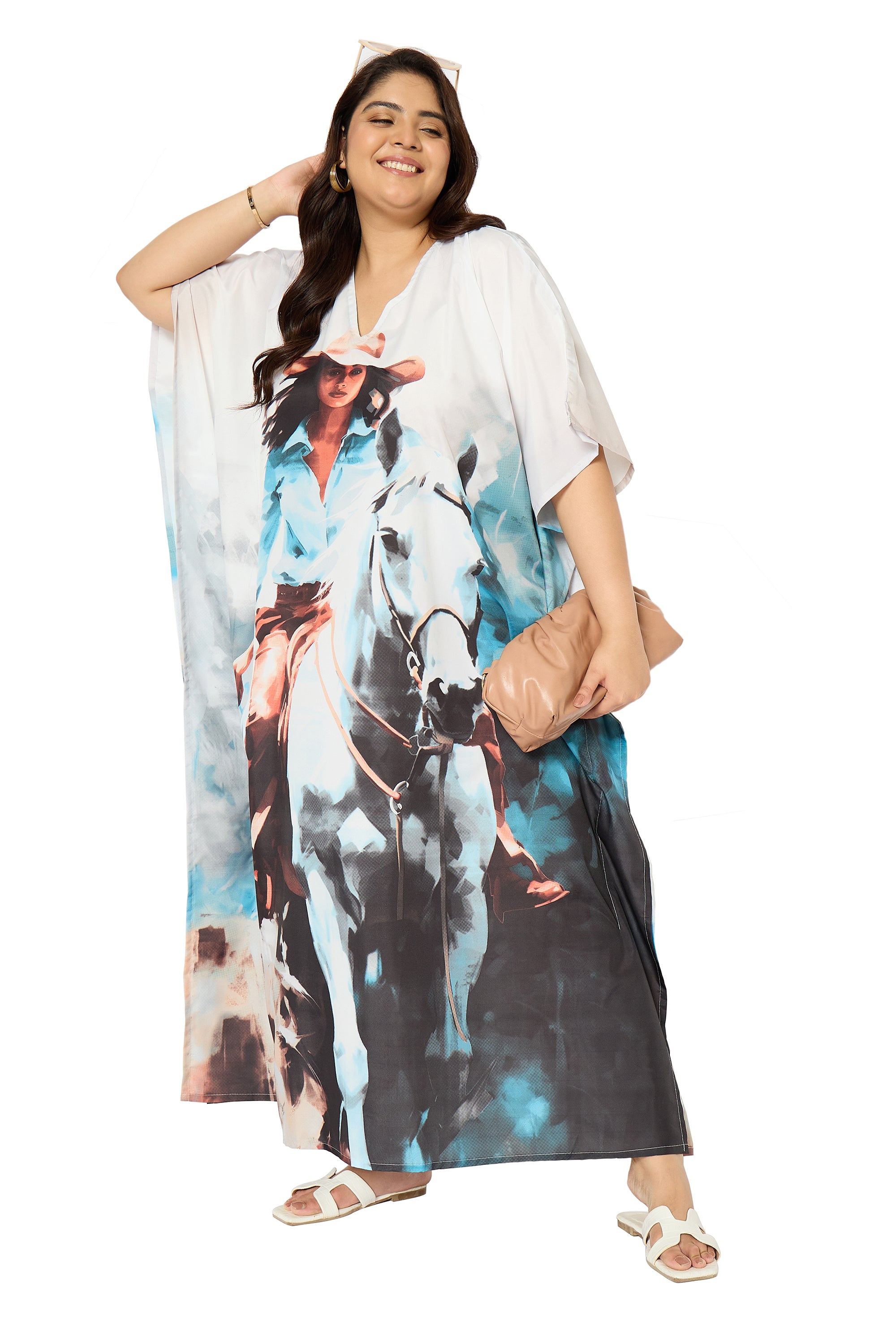 Animal Multicolor Polyester Kaftan Dress for Plus Size Women