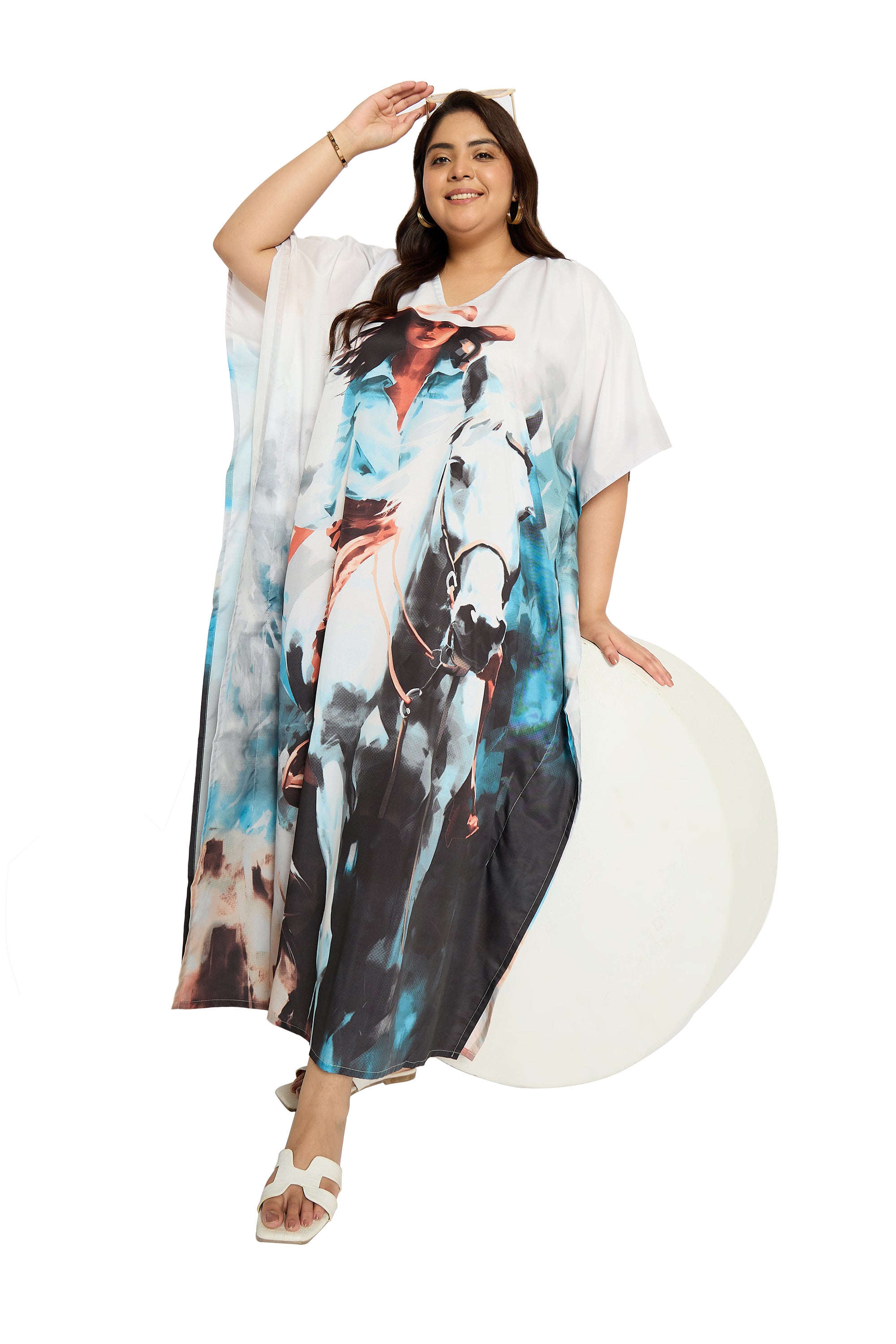 Animal Multicolor Polyester Kaftan Dress for Plus Size Women