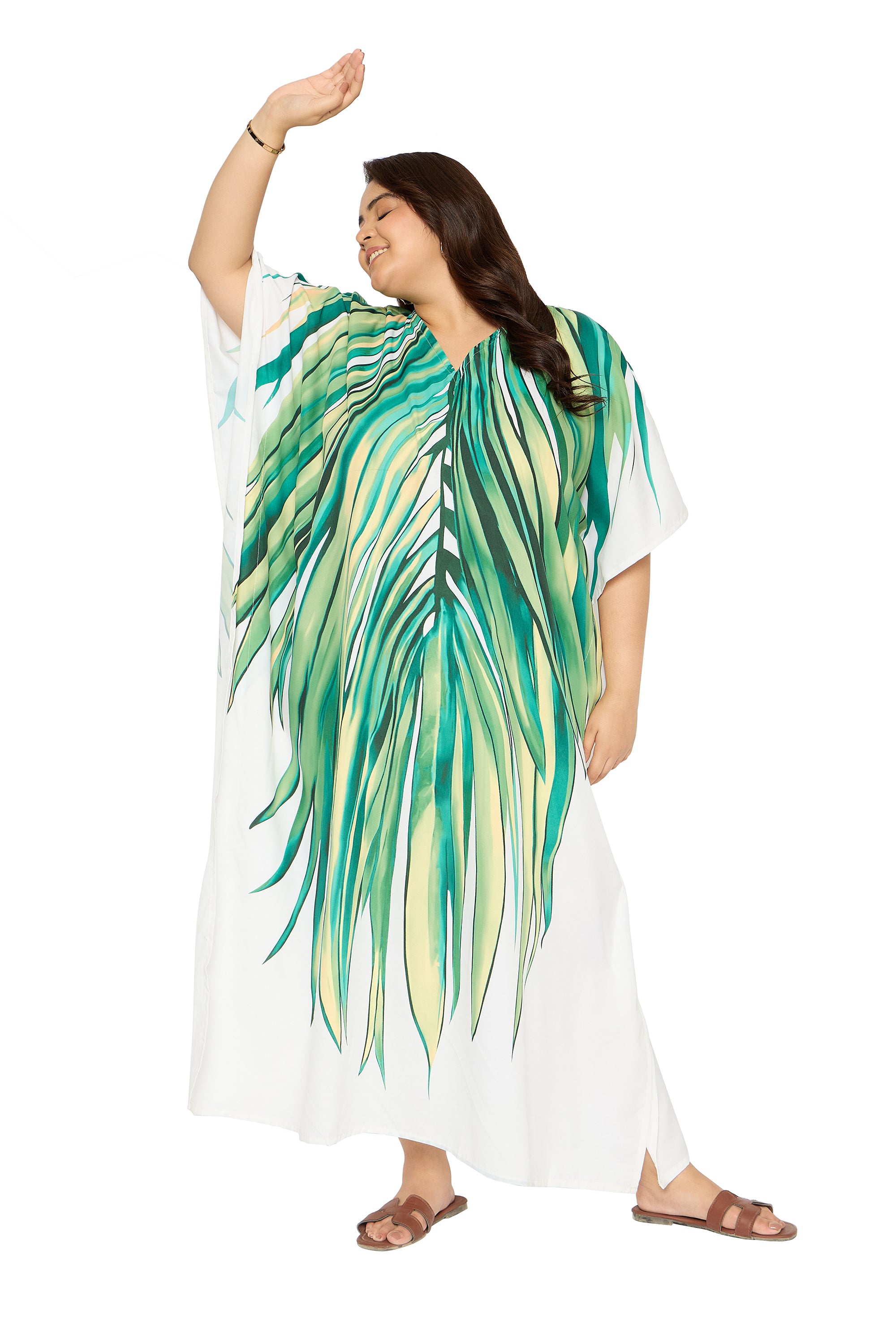 Tropical Leaf Green & White Polyester Caftan Dress for Women