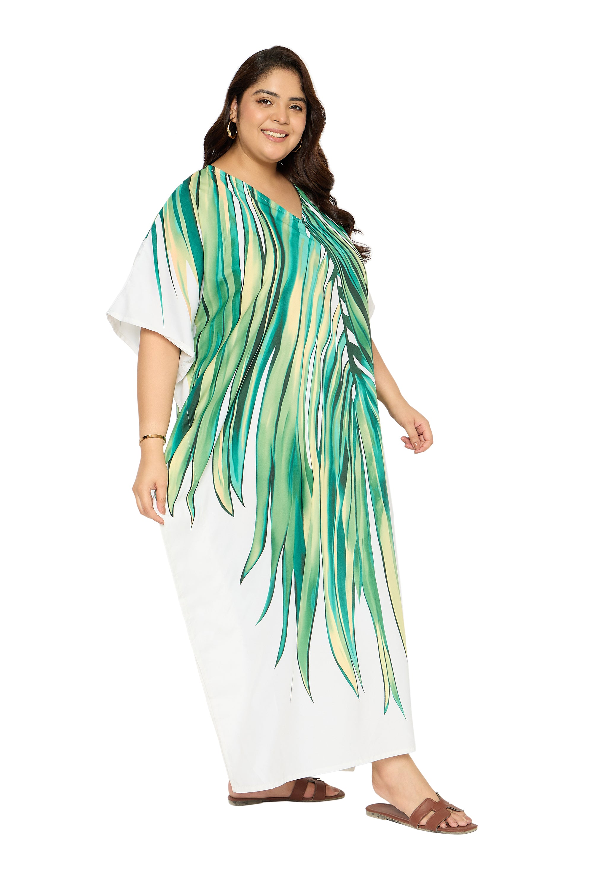 Tropical Leaf Green & White Polyester Caftan Dress for Women