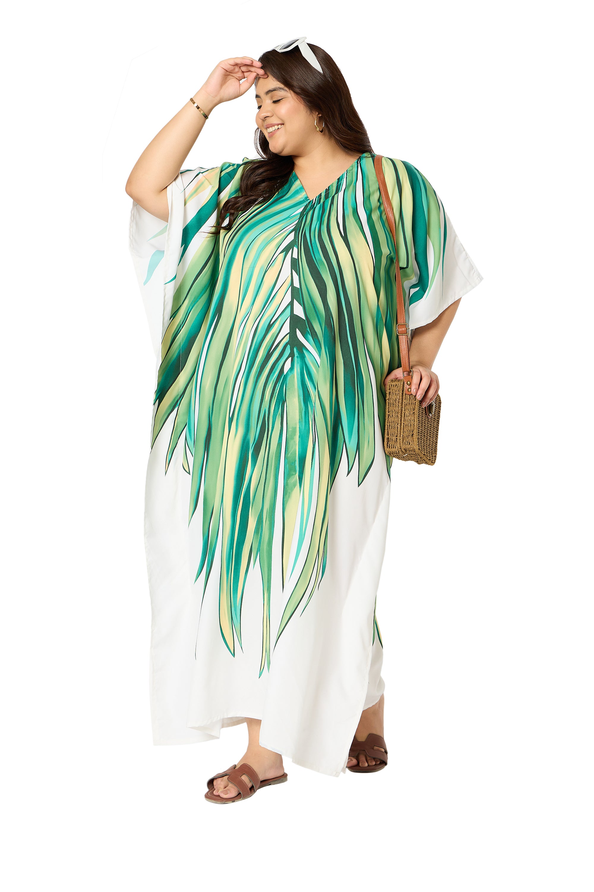 Tropical Leaf Green & White Polyester Caftan Dress for Women