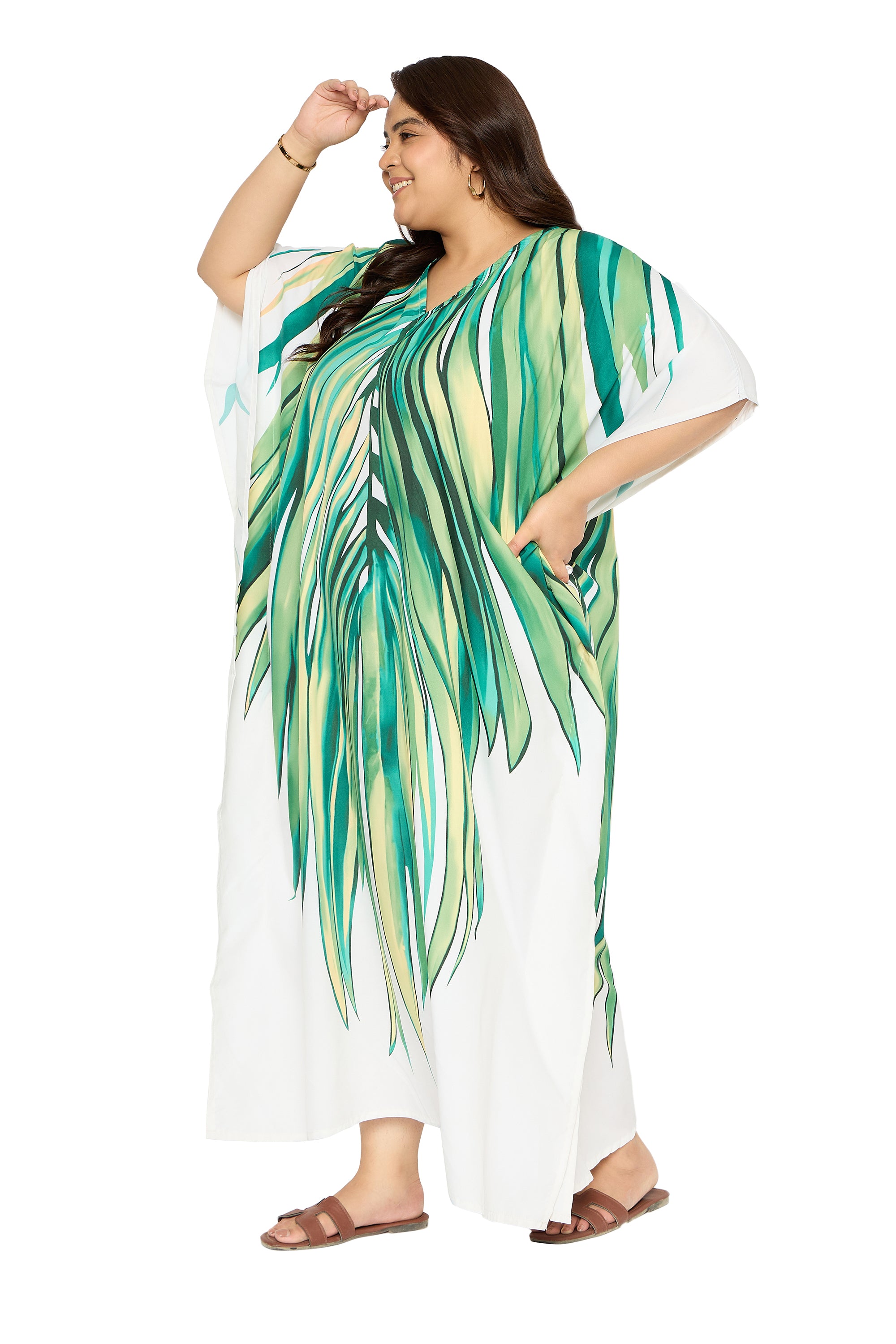 Tropical Leaf Green & White Polyester Caftan Dress for Women