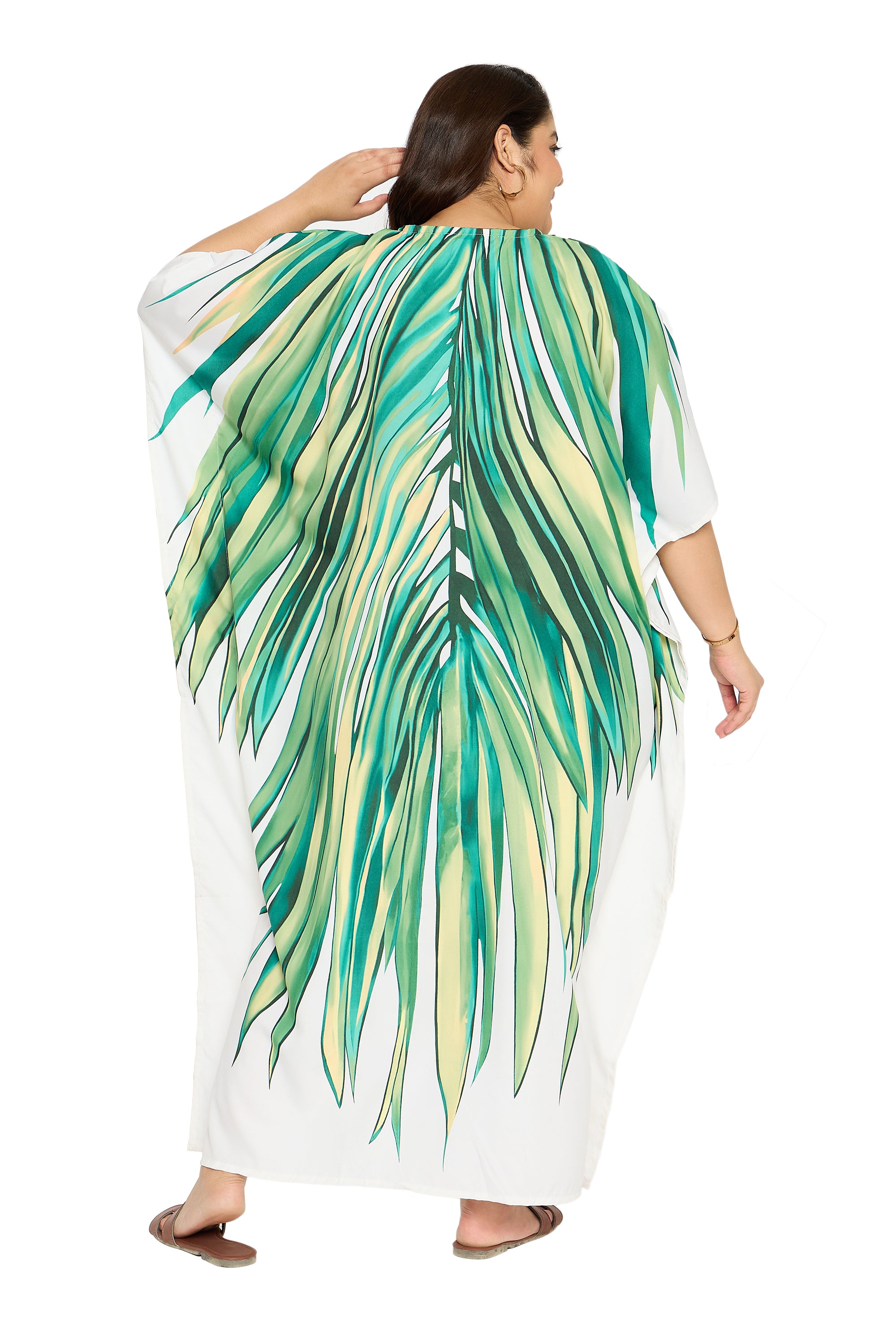 Tropical Leaf Green & White Polyester Caftan Dress for Women