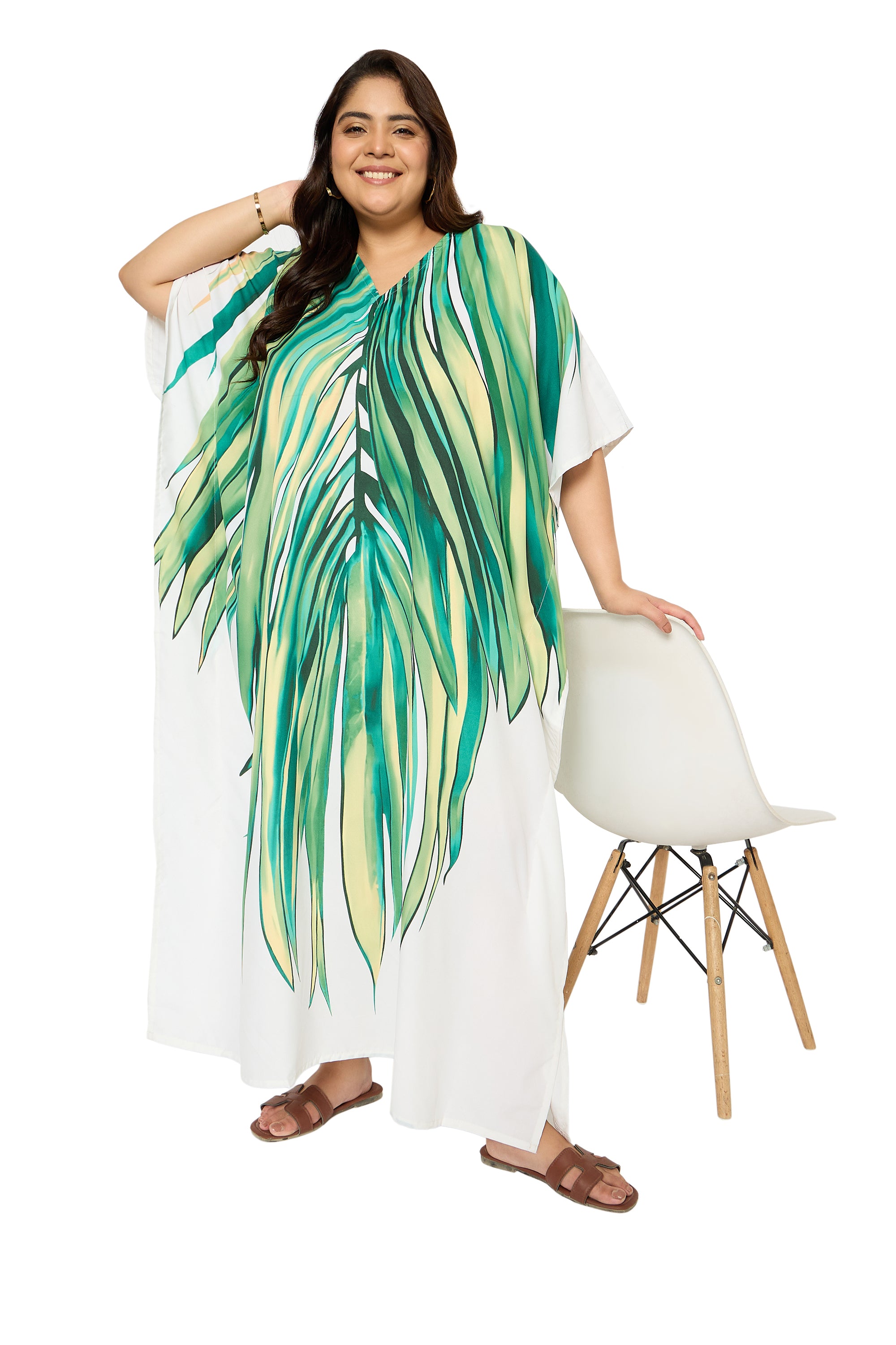 Tropical Leaf Green & White Polyester Caftan Dress for Women